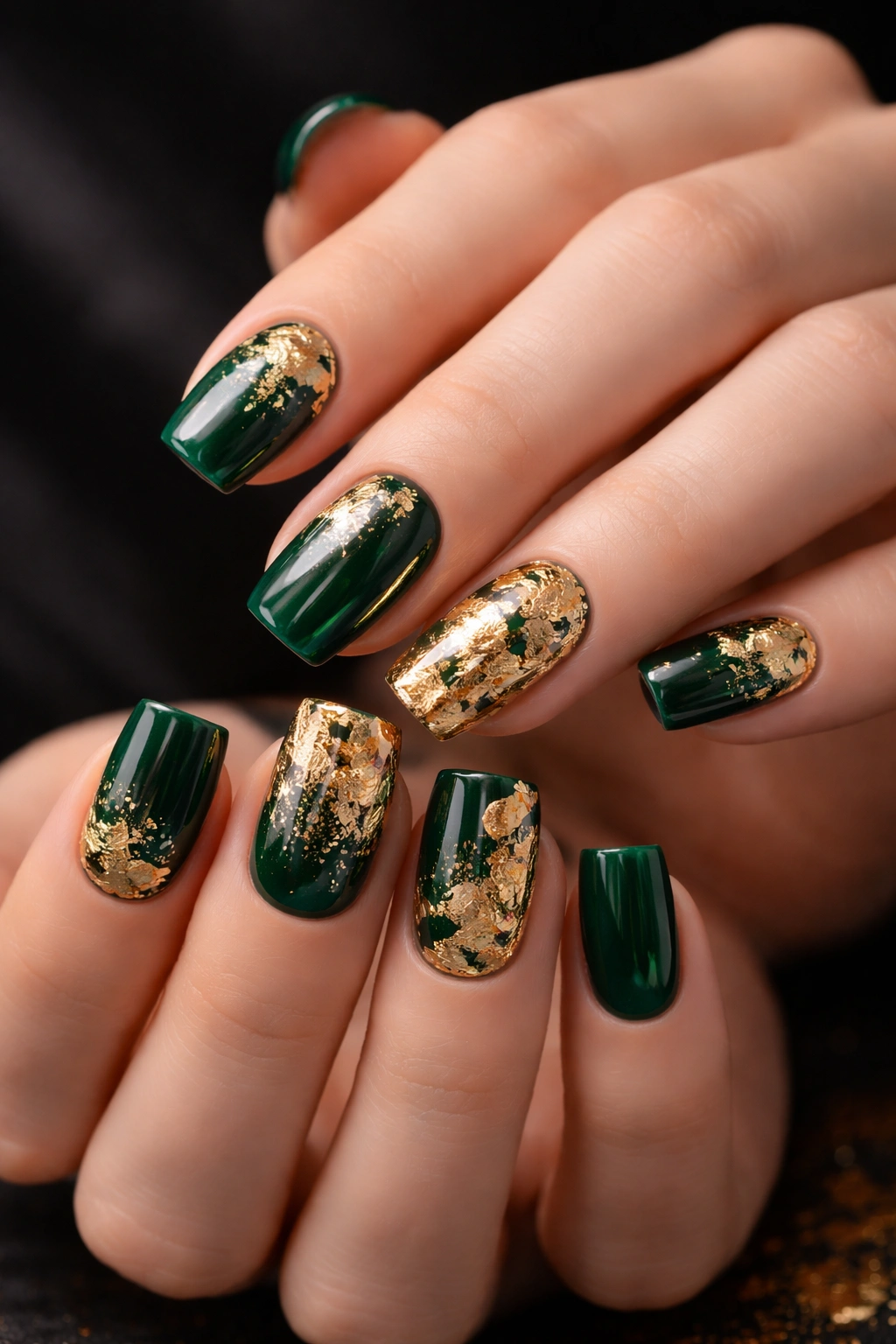 Nails in deep emerald with gold foil accents on squoval shape