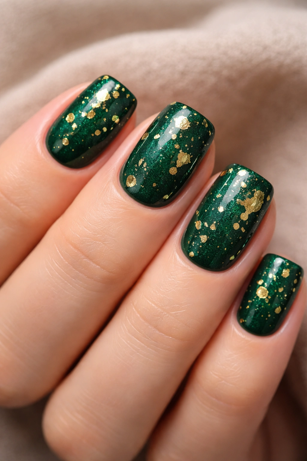 Emerald green nails with scattered gold foil flecks on short squoval nails