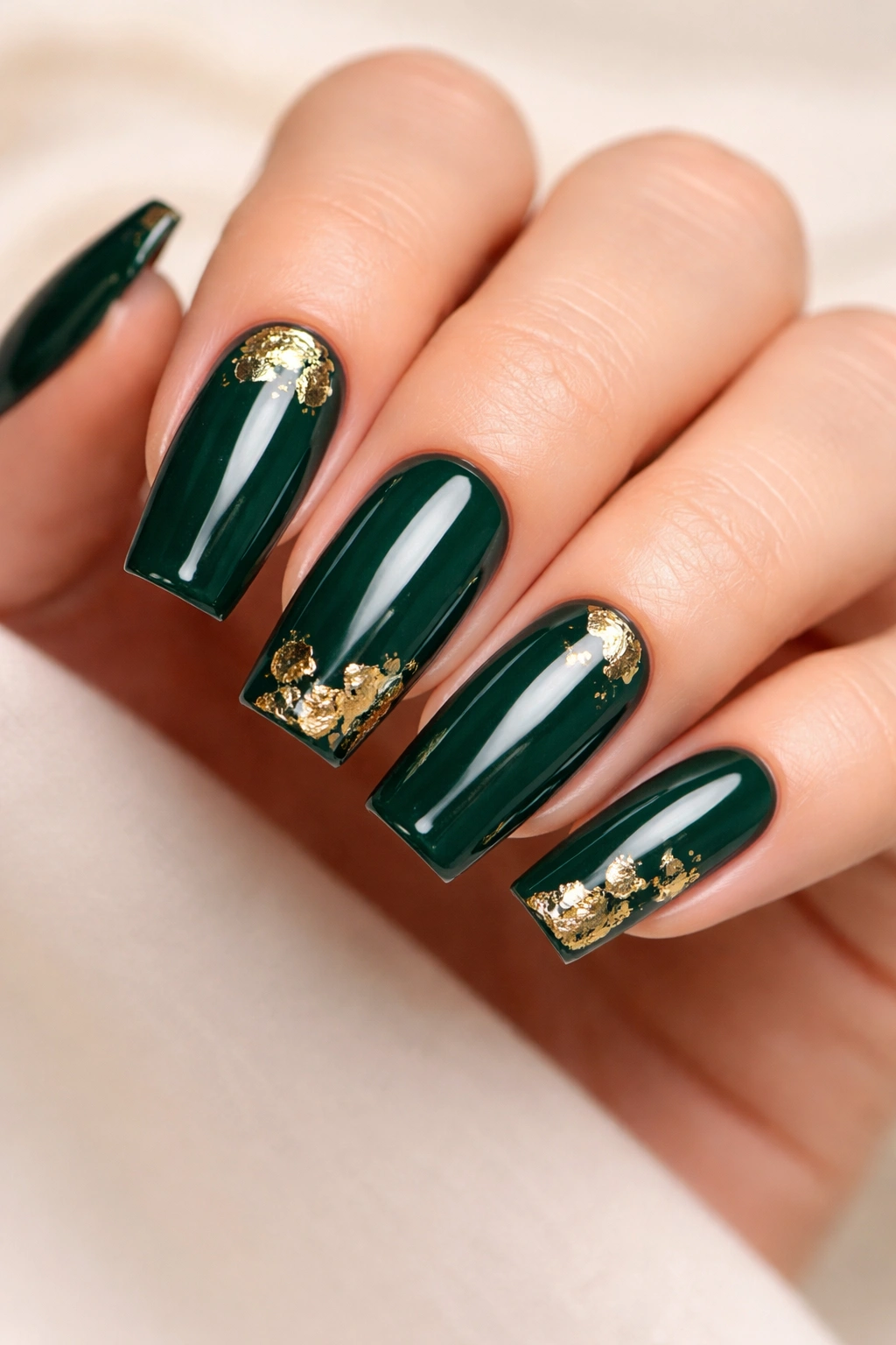 Emerald green nails with gold foil details on long squoval nails
