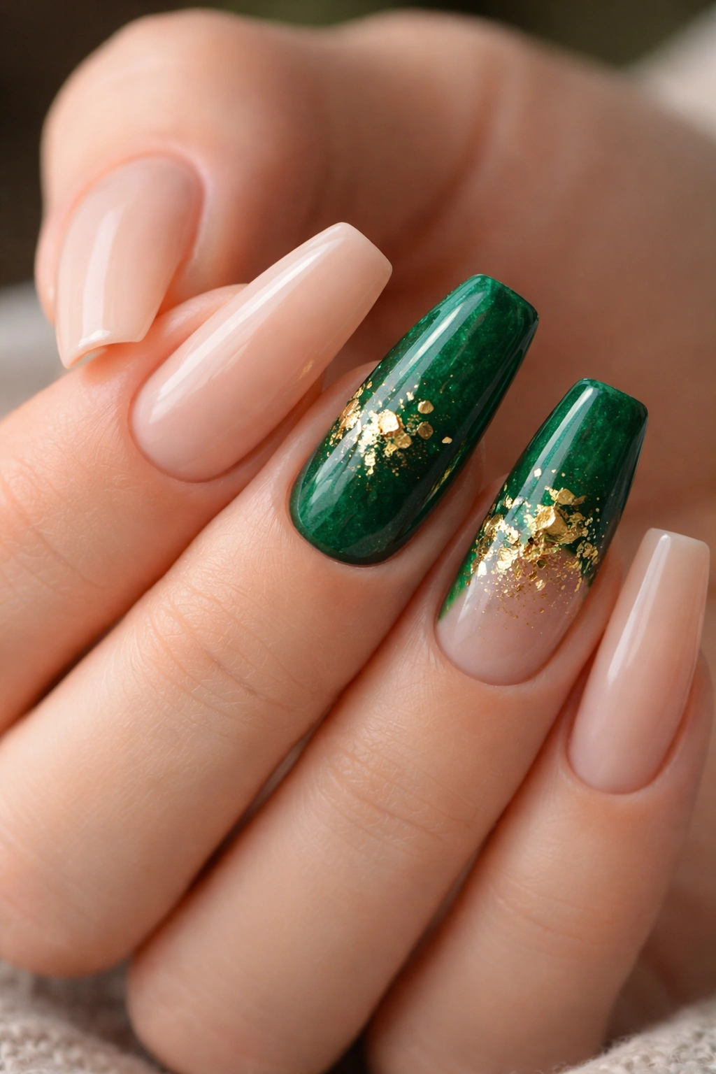 Emerald nails with gold leaf accents on two nails