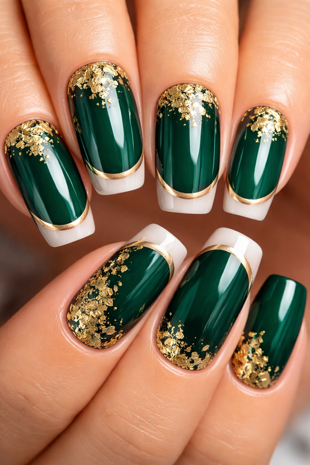 Close-up of emerald nails with gold leaf accents and a crescent moon negative space at the tip
