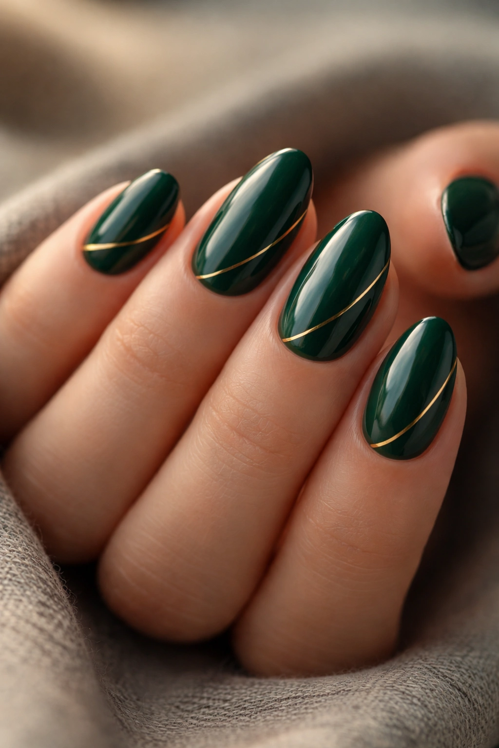 Close-up of short almond nails with emerald base and thin gold lines