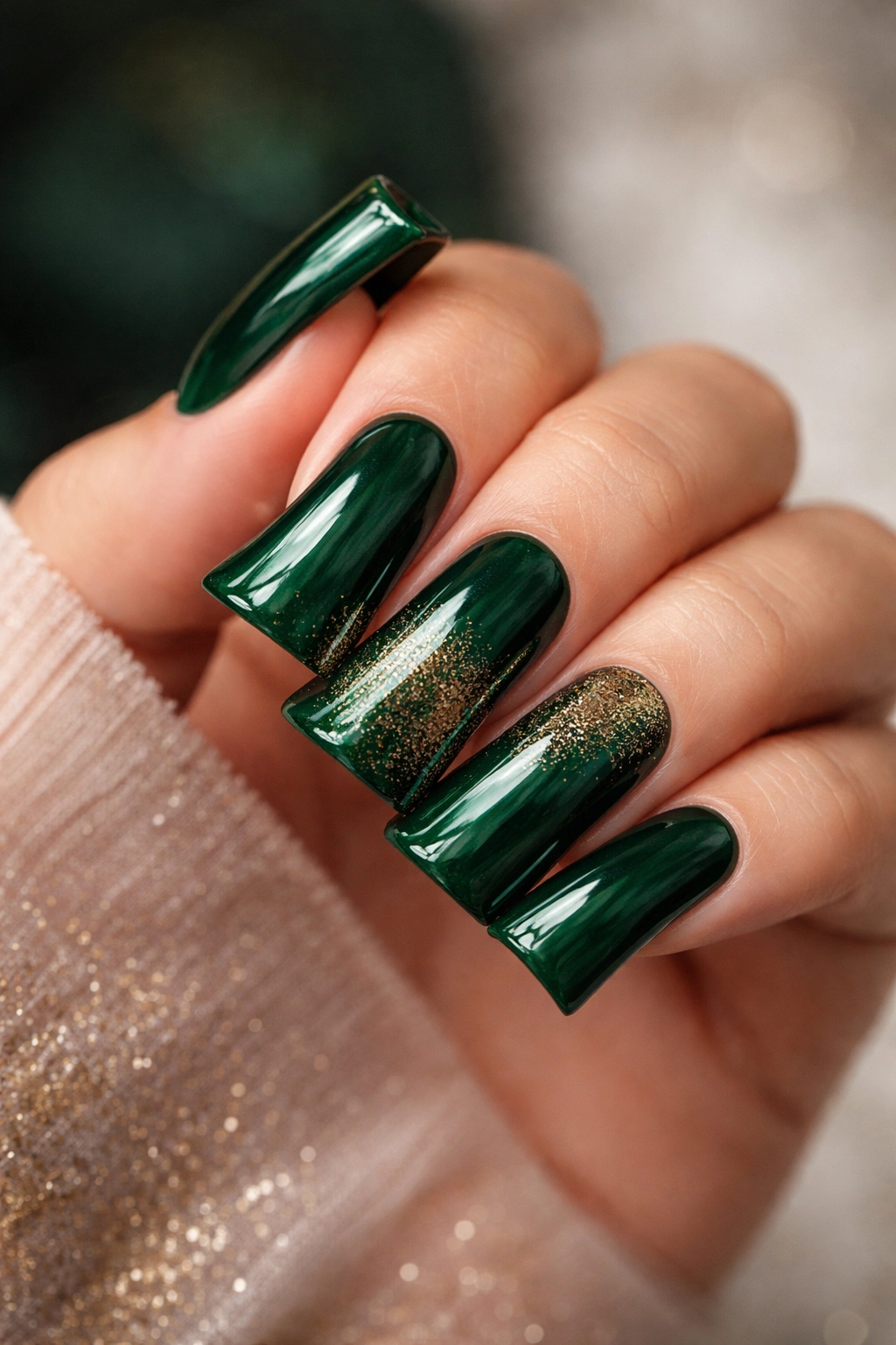 Duck nails in deep emerald green with gold shimmer