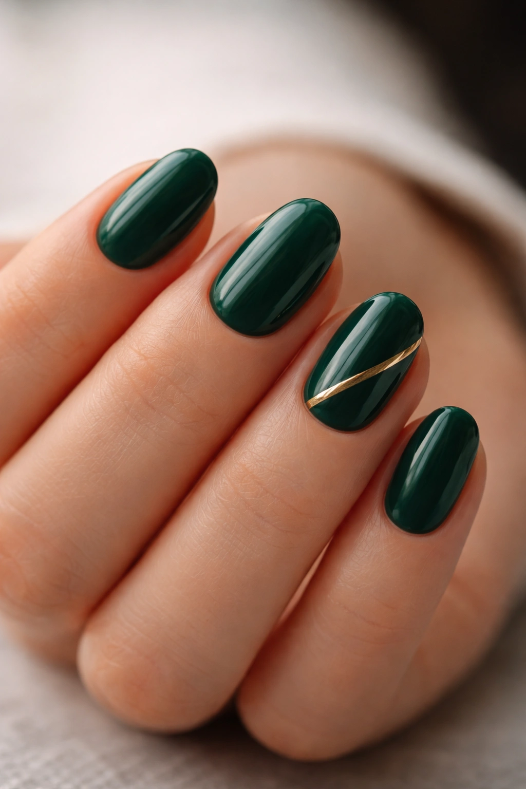 Close-up of short oval nails with deep emerald polish and a thin gold diagonal stripe.