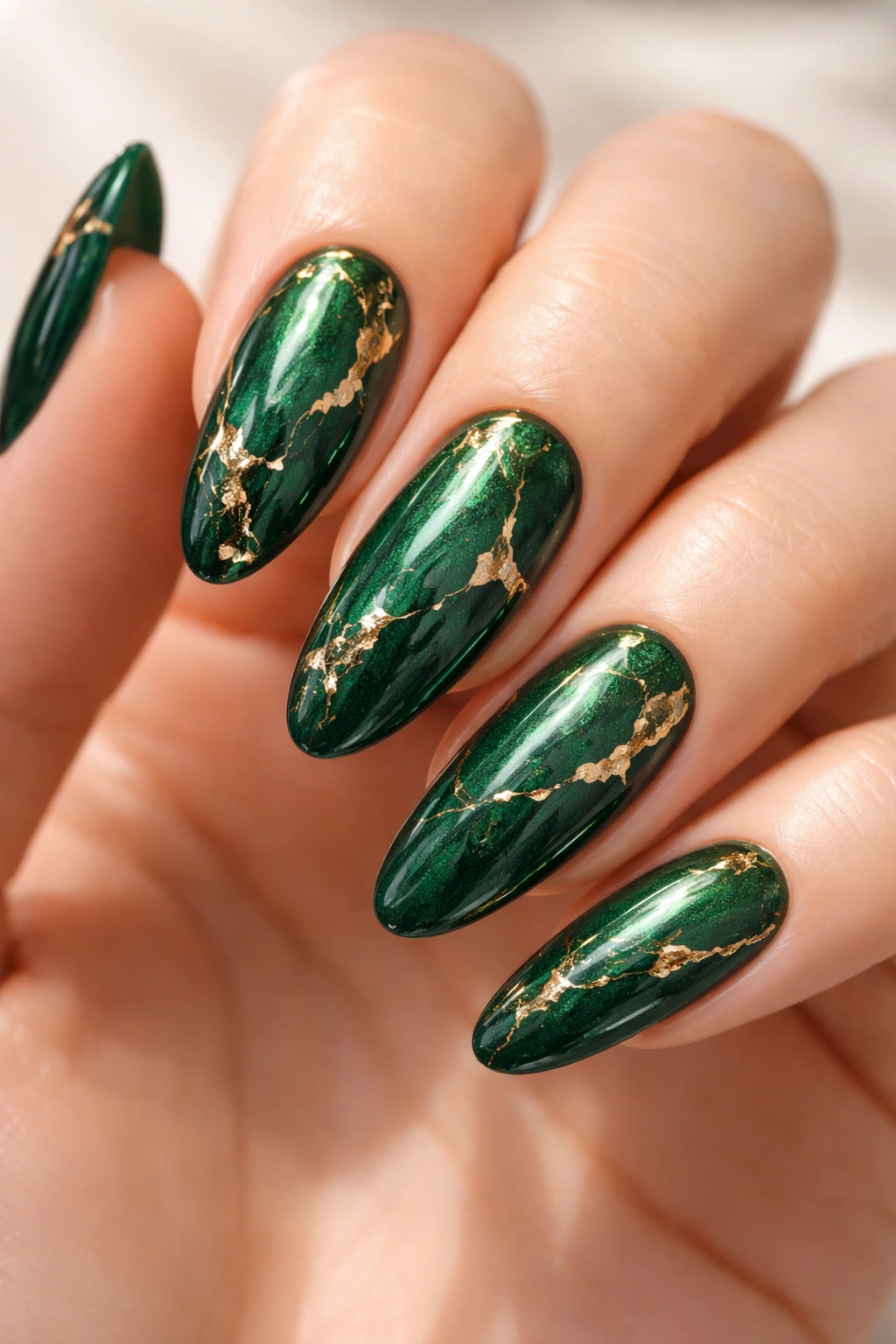 Close-up of emerald green long oval nails with gold veining