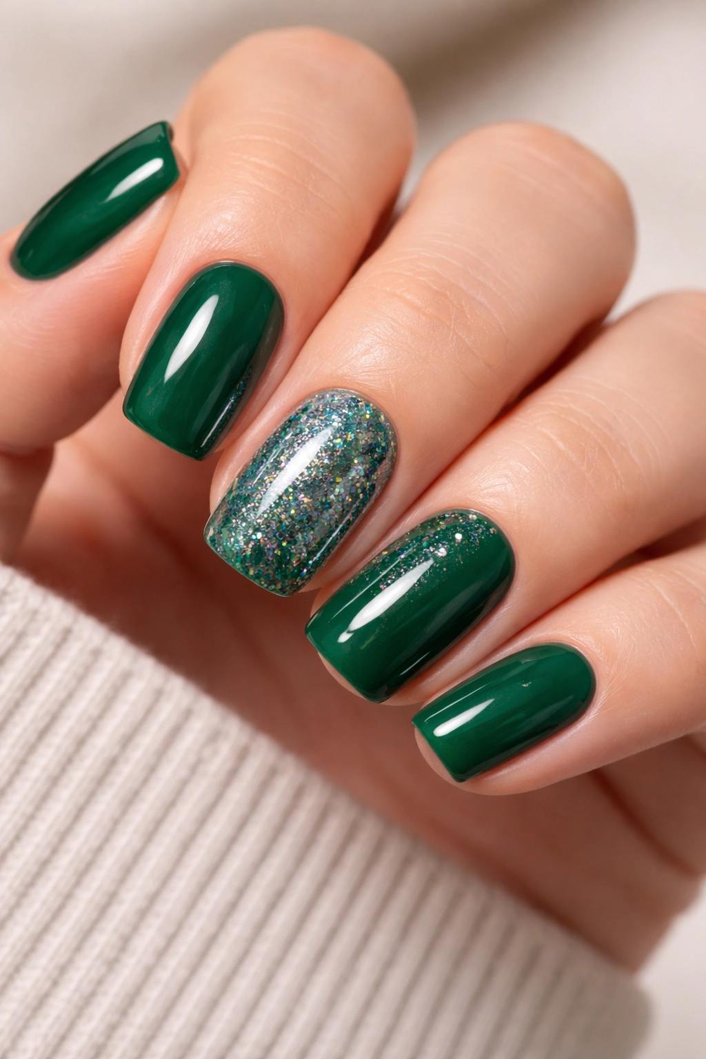 Emerald green nails with holographic glitter accents on ring finger