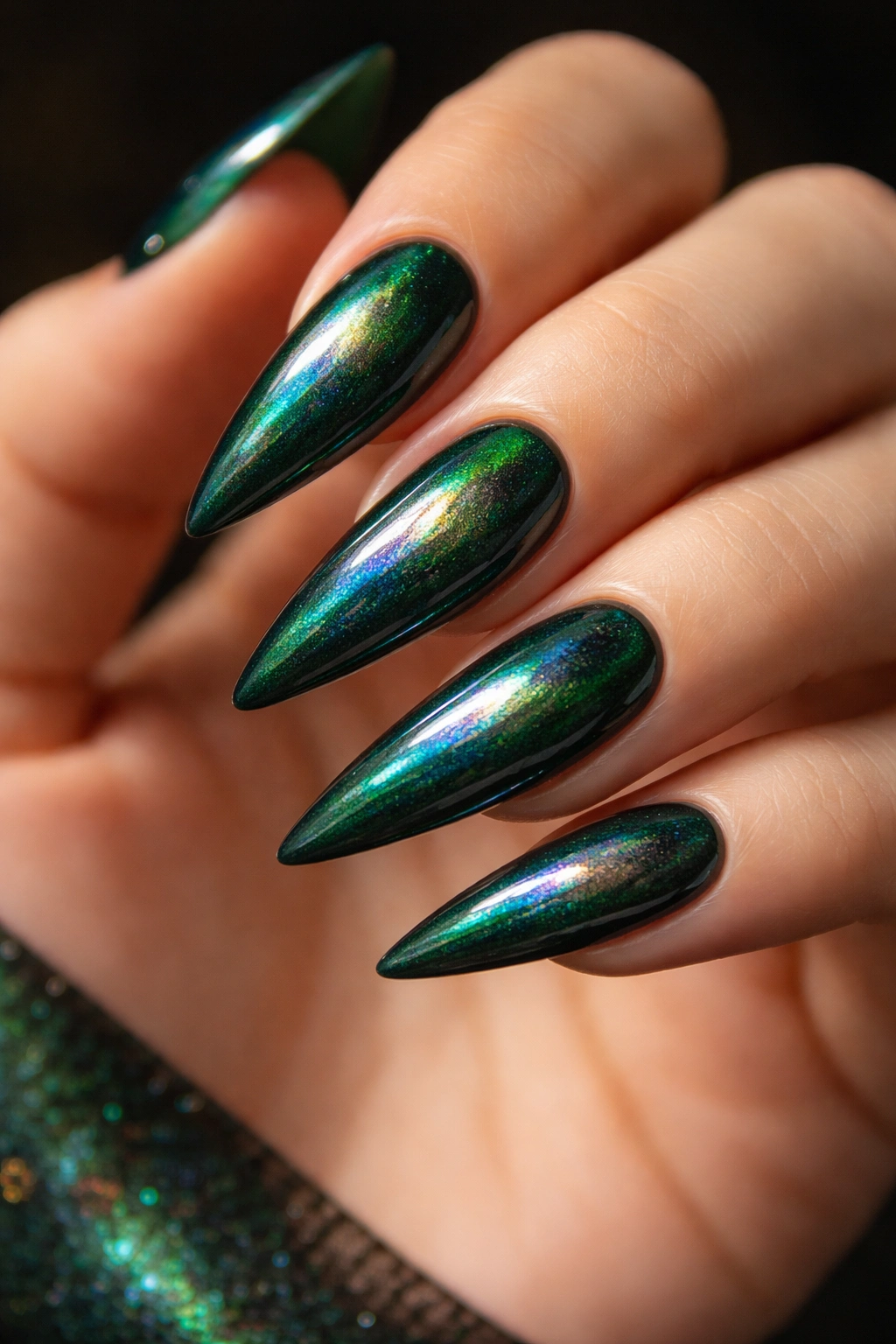 Emerald green stiletto nails with subtle rainbow holographic effect
