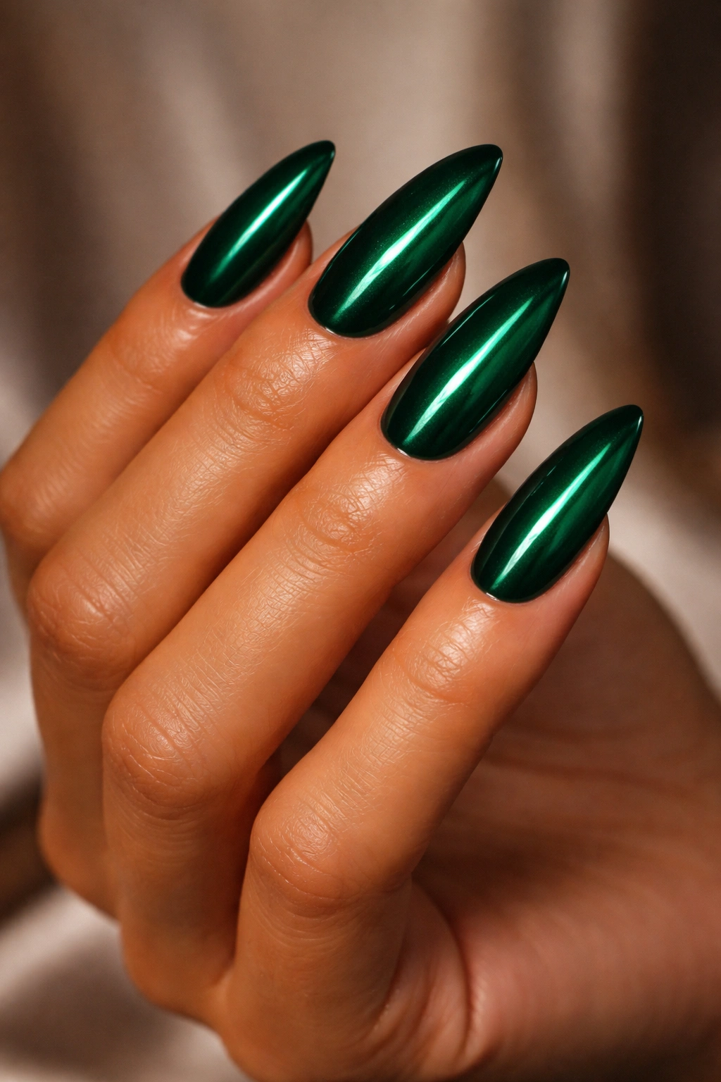 Close-up of emerald green nails on tan skin