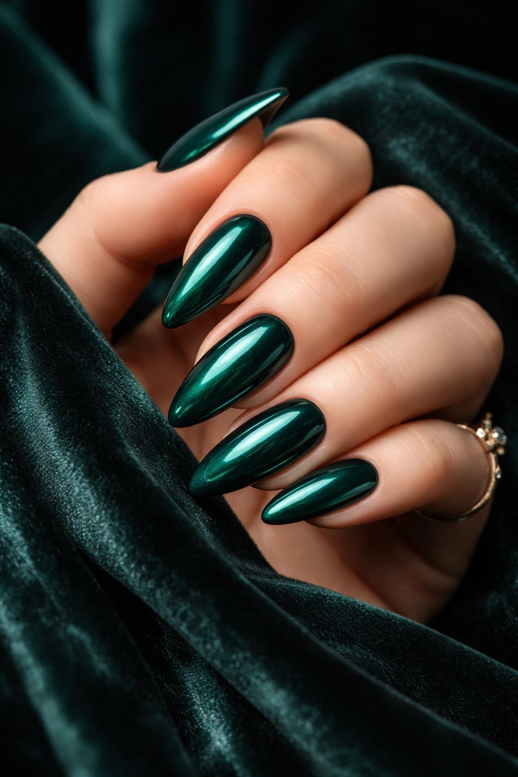Emerald green nails on a hand with a dark velvet background