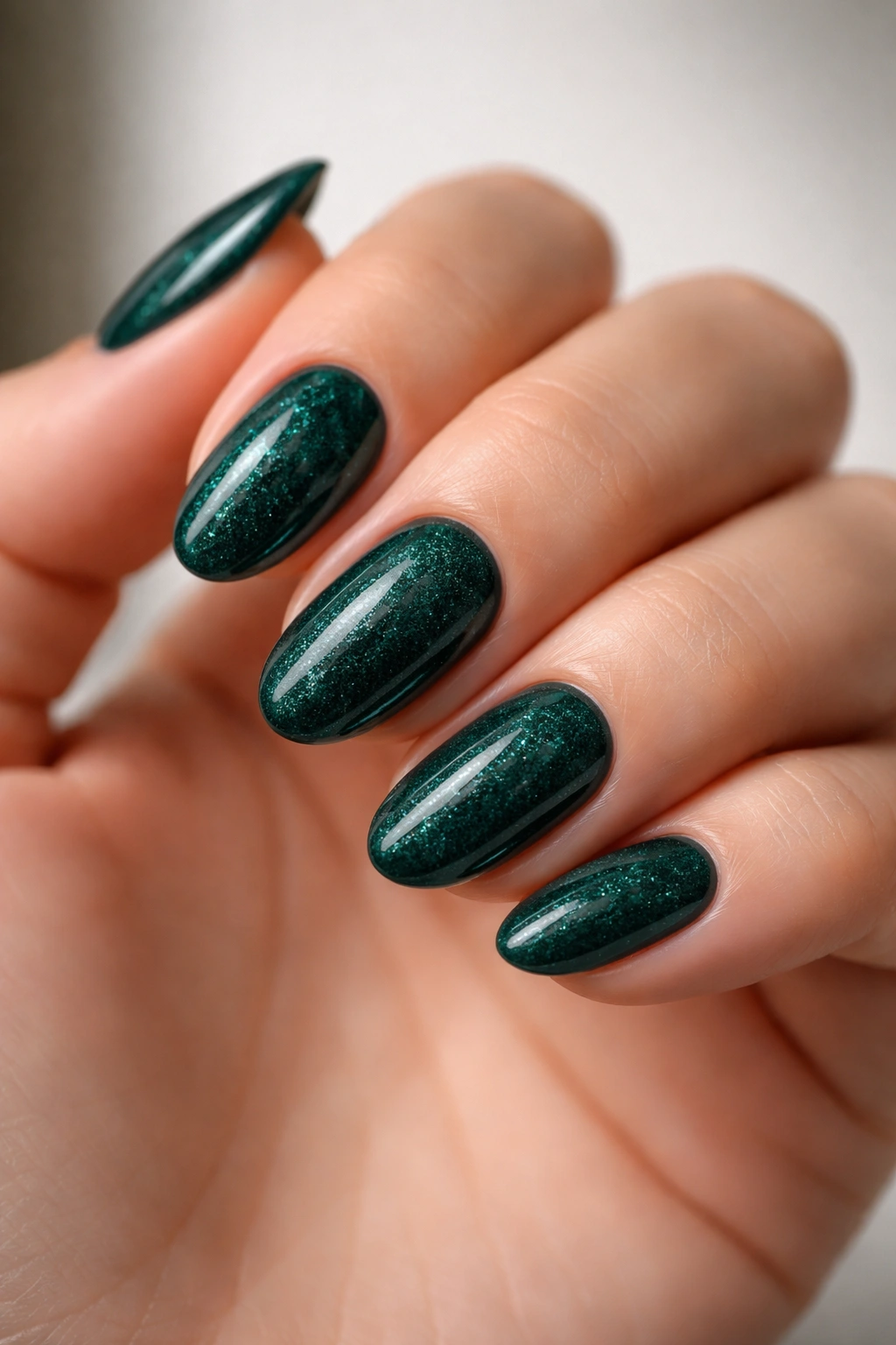 Close-up of short almond nails in dark emerald with micro glitter