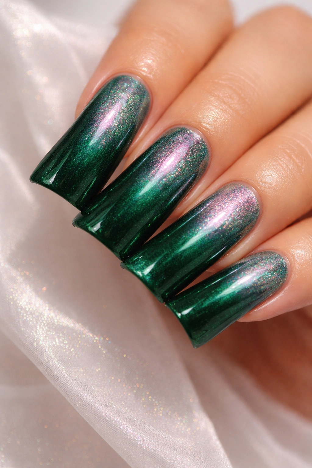 Close-up of emerald green nails with pearl shimmer overlay