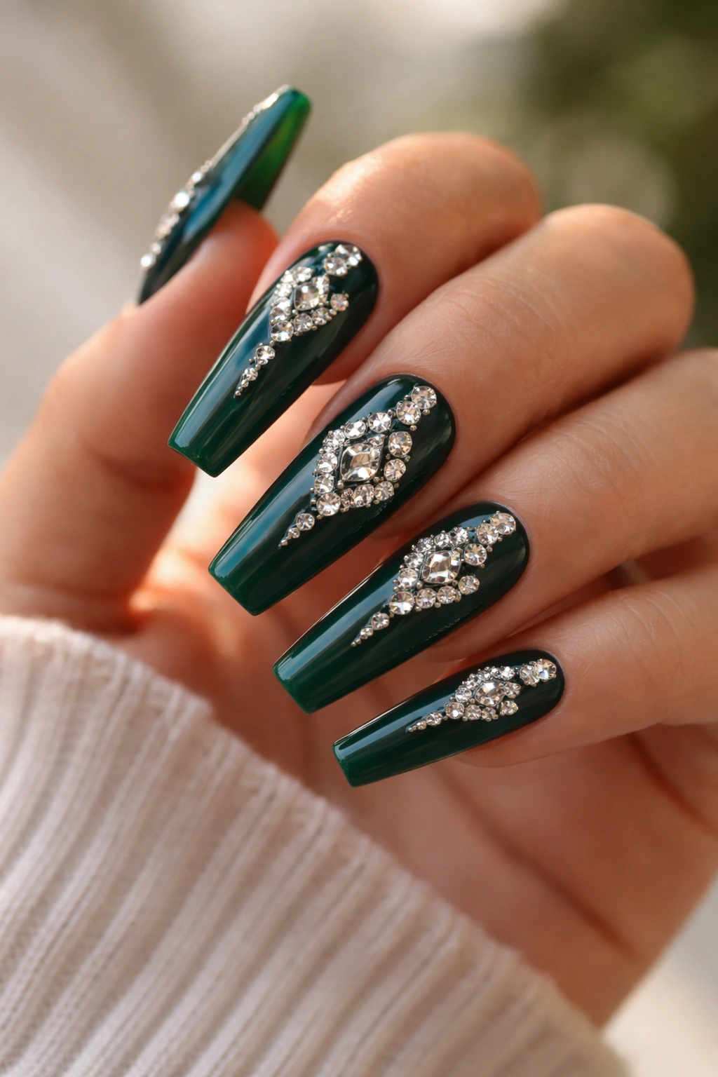 Emerald green coffin nails with diamond-shaped rhinestones on a bare hand