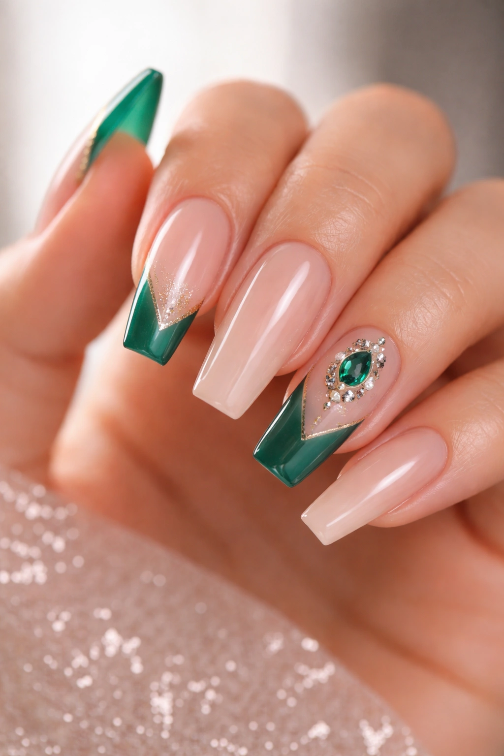 Close-up of emerald accents on a sheer nude base ballerina nails