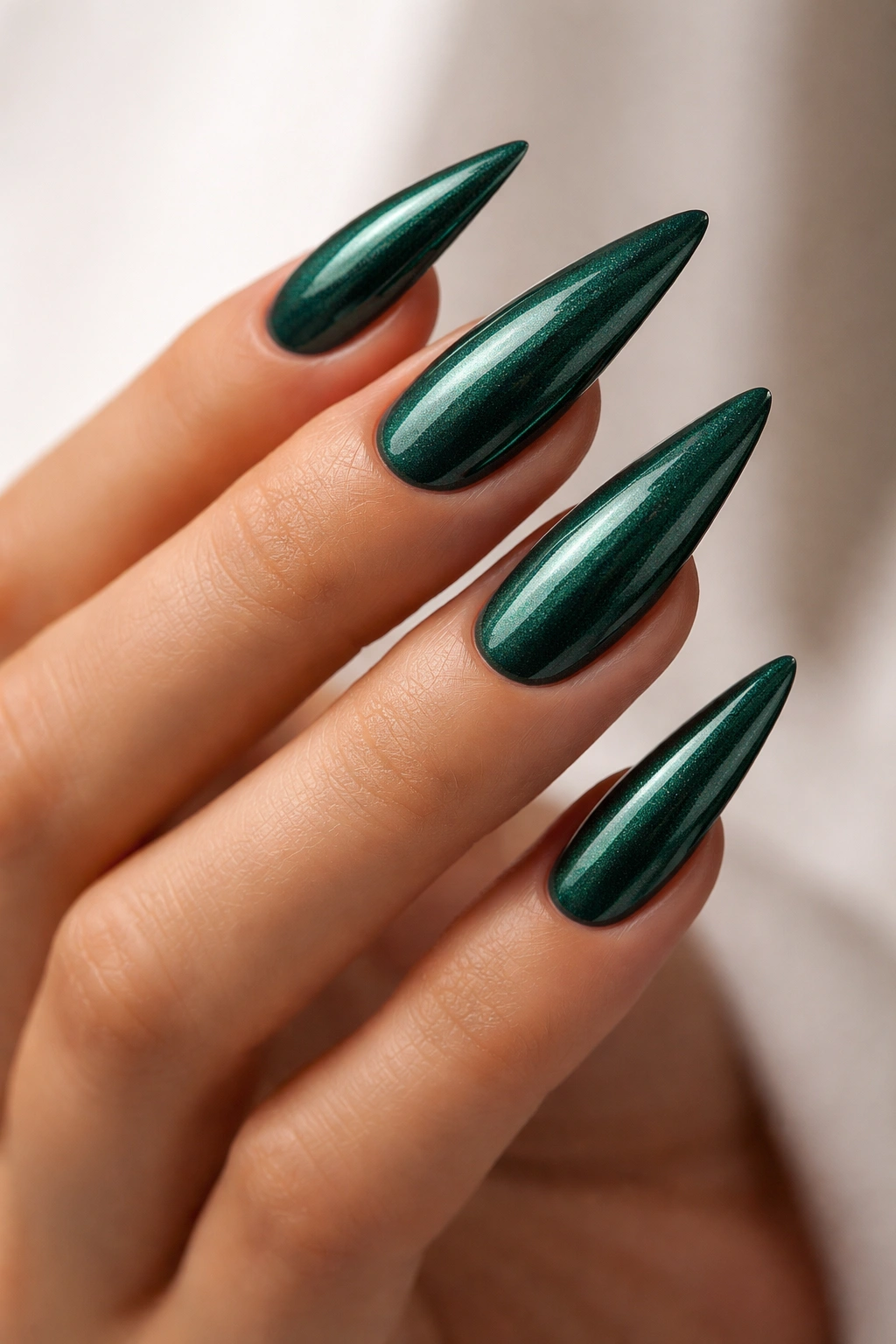 Close-up of emerald stiletto nails with subtle shimmer in a studio setup.