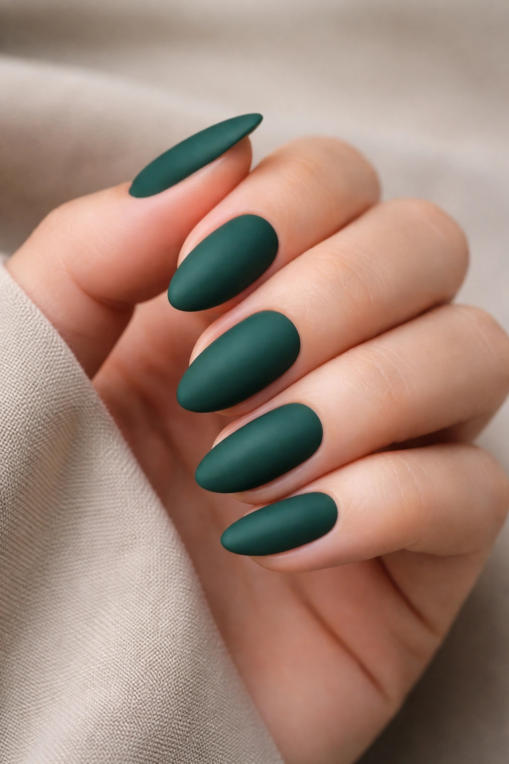 Close-up of short almond nails in matte emerald with clean edges