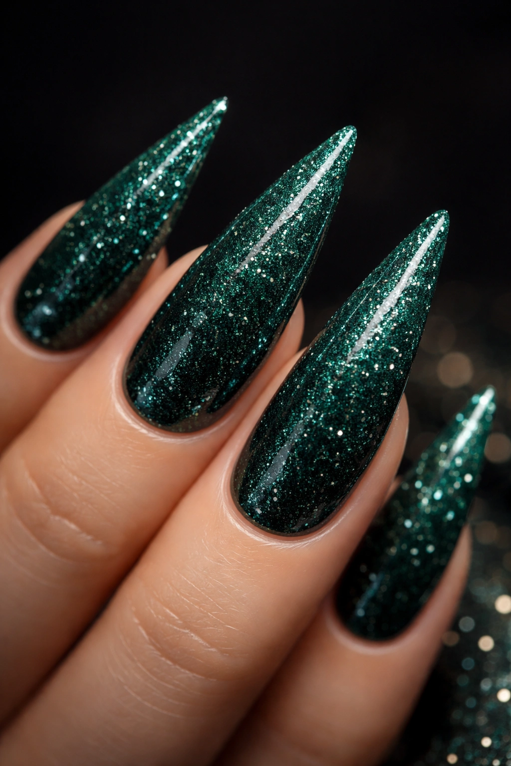 Close-up of emerald green stiletto nail with diamond dust sparkle