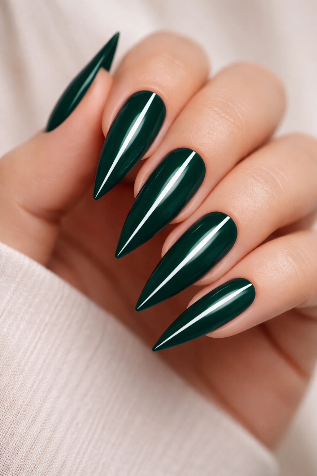 Deep emerald stiletto nails with white central line