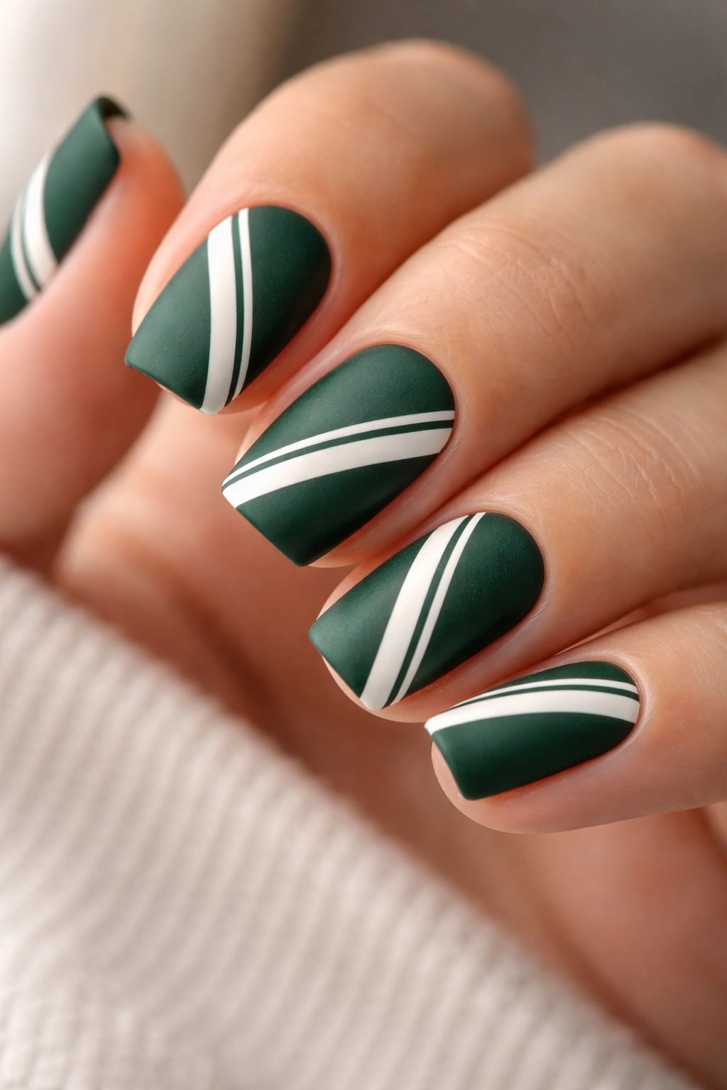 Close-up of emerald green nails with white geometric stripes and matte finish