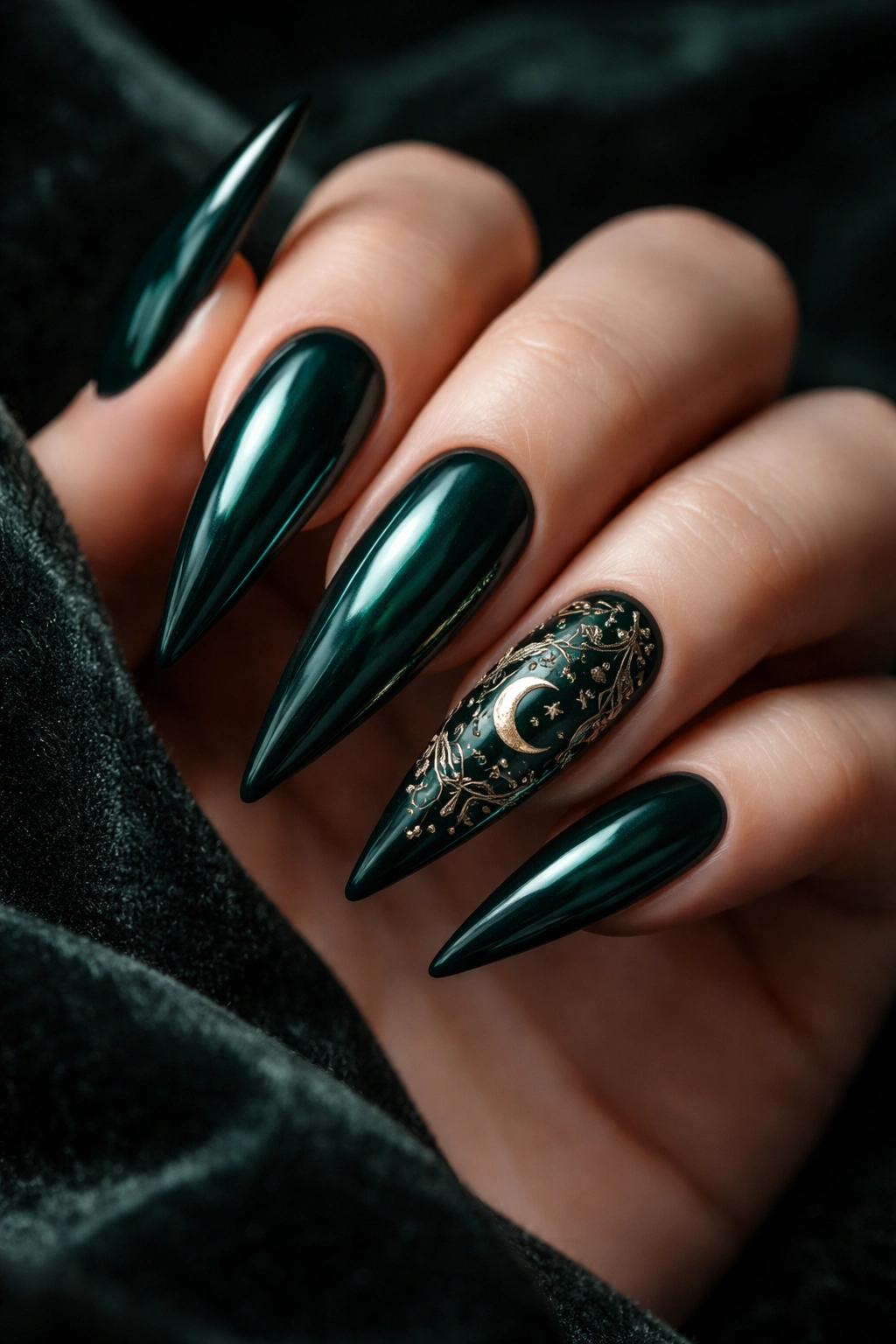 Close-up of emerald gothic stiletto nails with gold witchy symbols on dark velvet