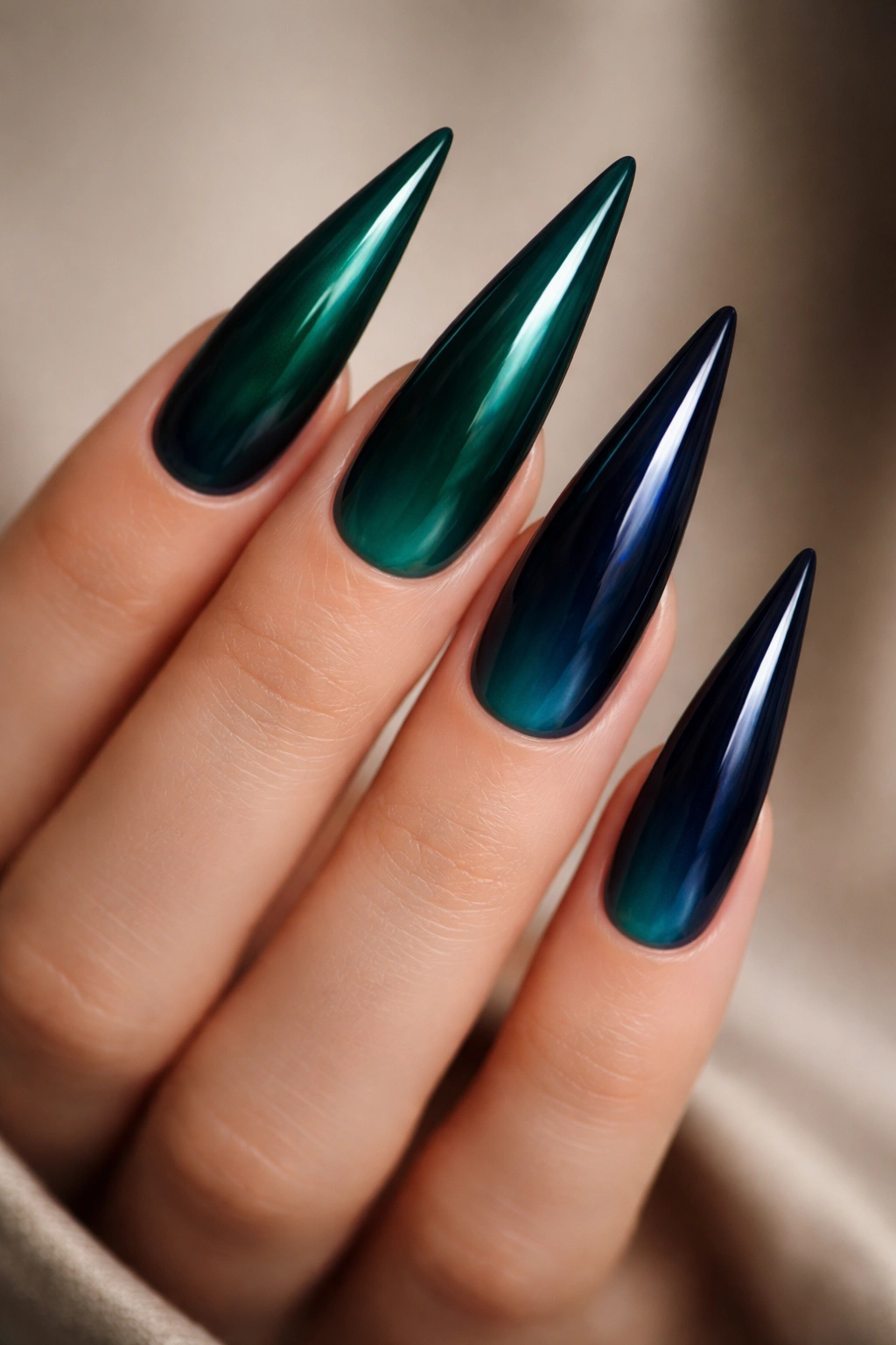 Emerald to navy gradient on long gel stiletto nails