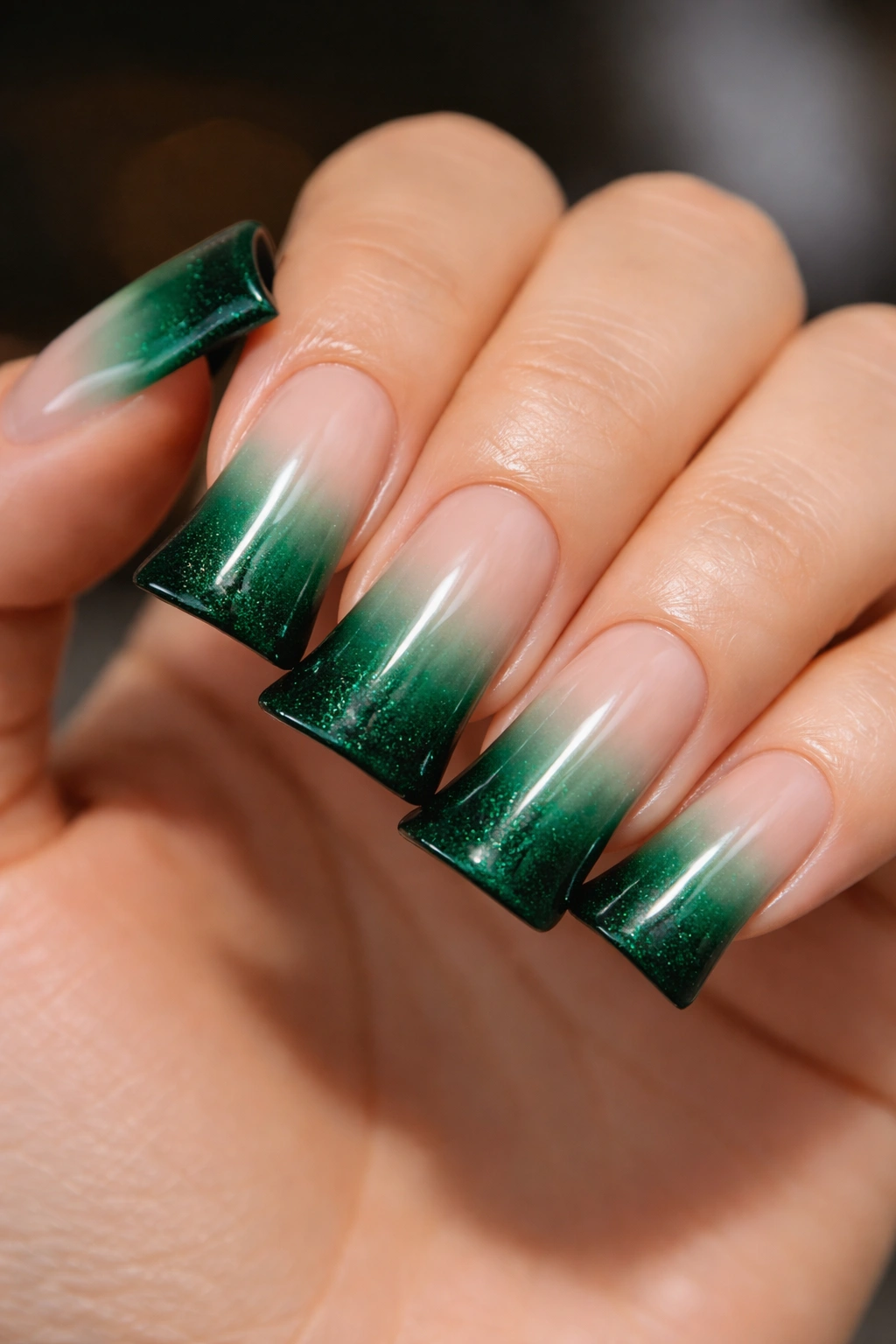 Duck nails with emerald green ombre gradient from pale base to emerald tips