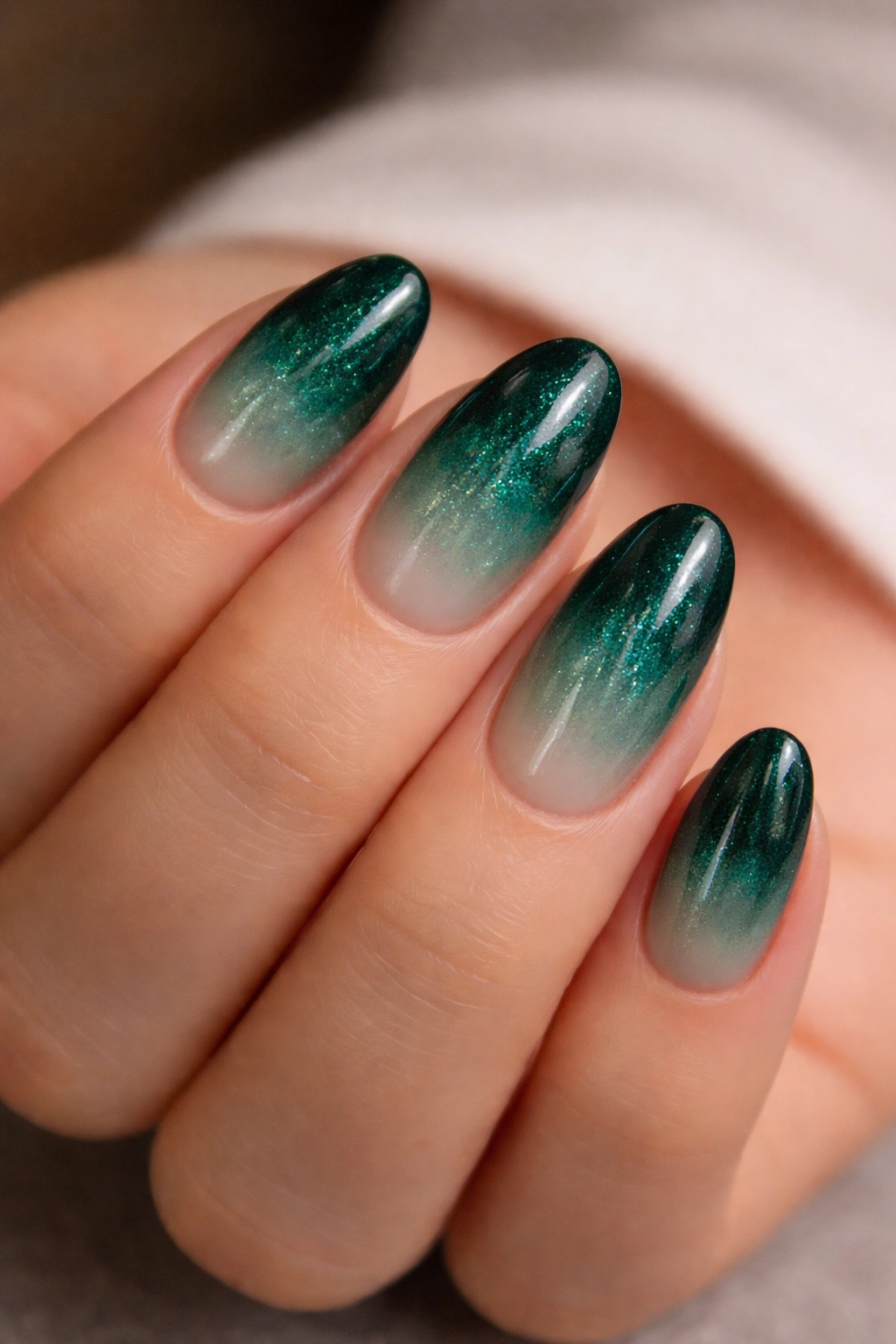 Short almond nails with shimmery emerald ombré gradient