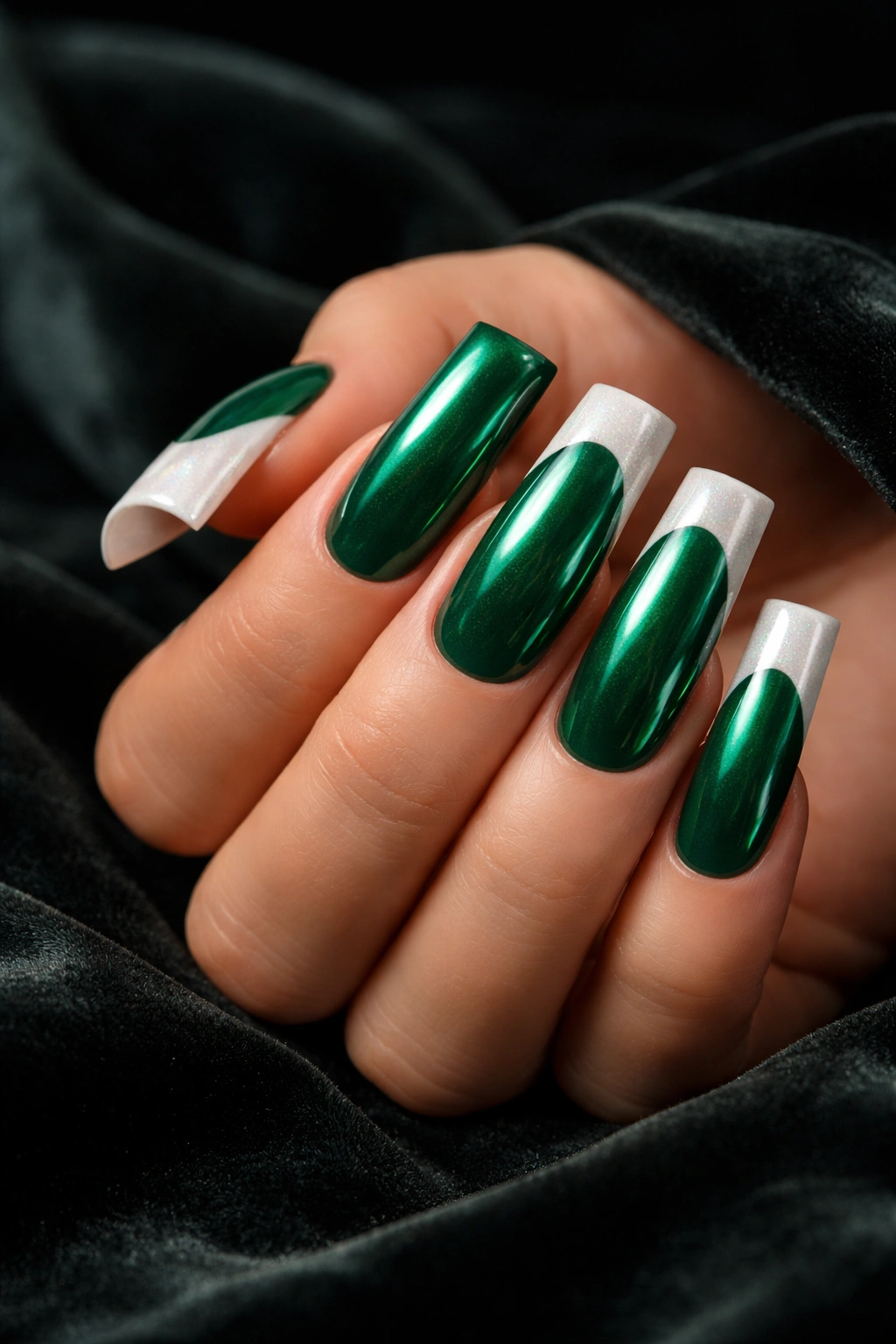 Emerald green nails with iridescent pearl tips on dark background.