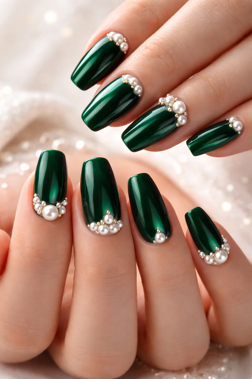 Emerald green nails with pearl accents at tips/cuticle