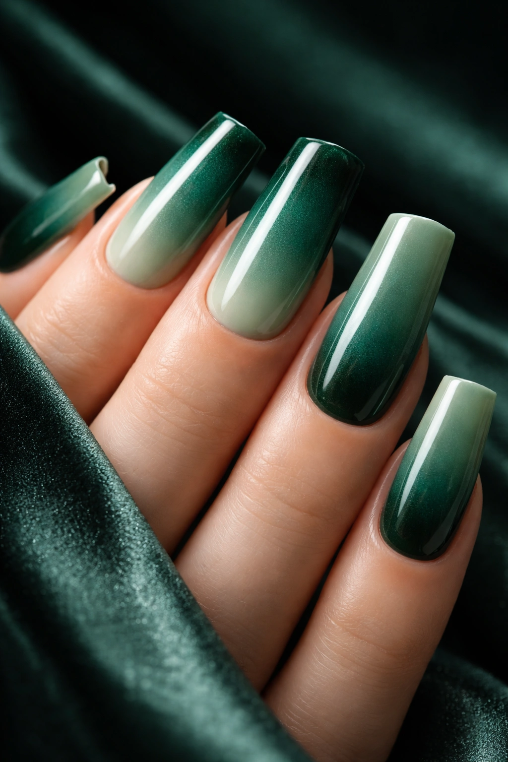 Duck-shaped nails in emerald-to-sage ombre on a dark backdrop.