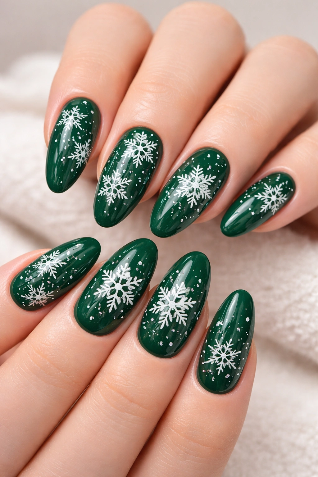 Close-up of emerald green nails with white snowflake details
