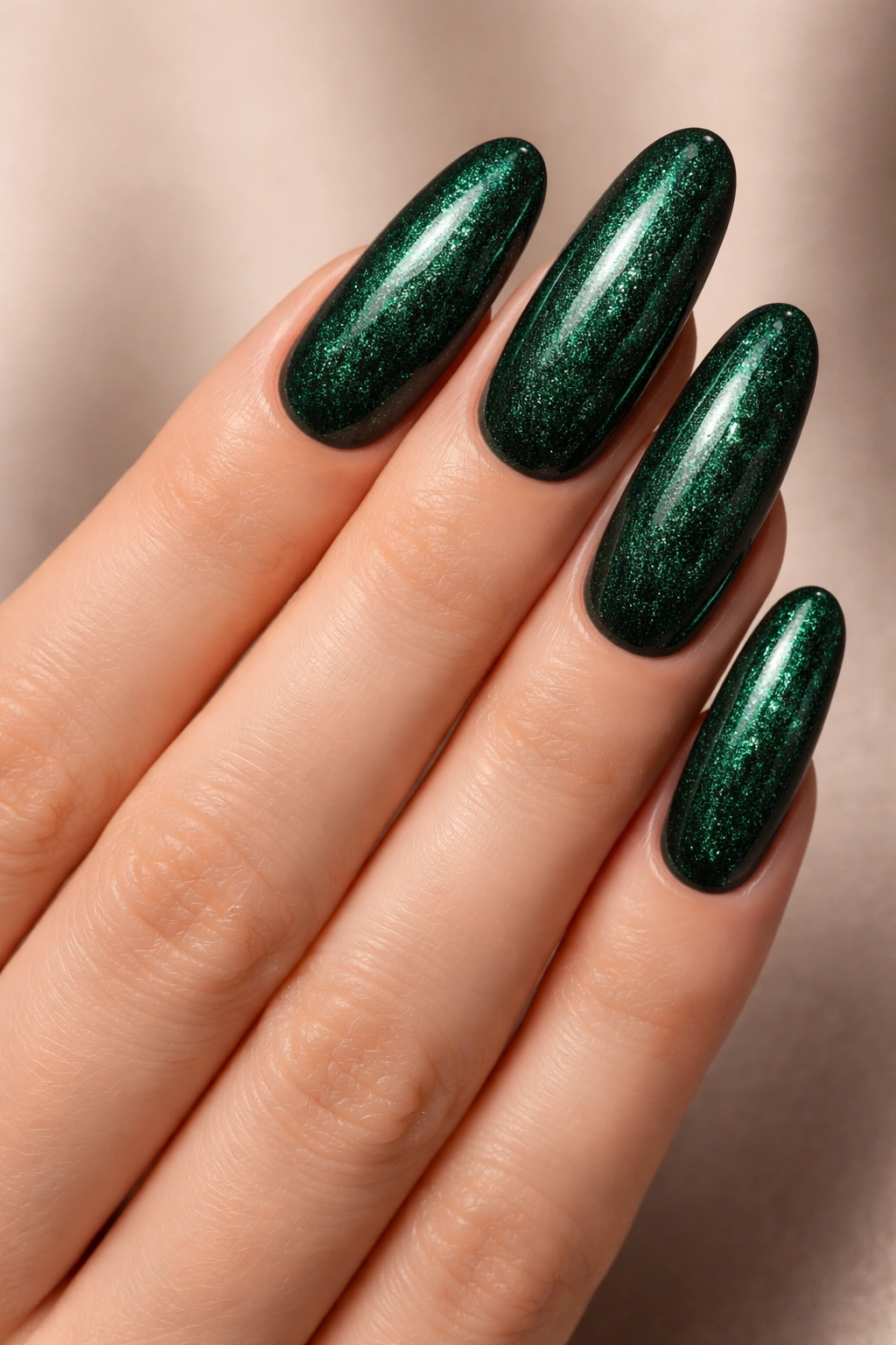 Close-up of extra-long round nails in deep forest green with emerald sparkle