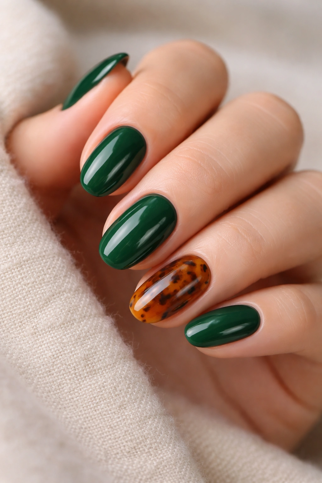Short almond nails with emerald green polish and a tortoiseshell accent nail