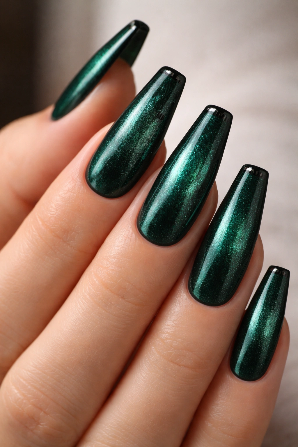 Velvet emerald nails with a thin black micro-tip