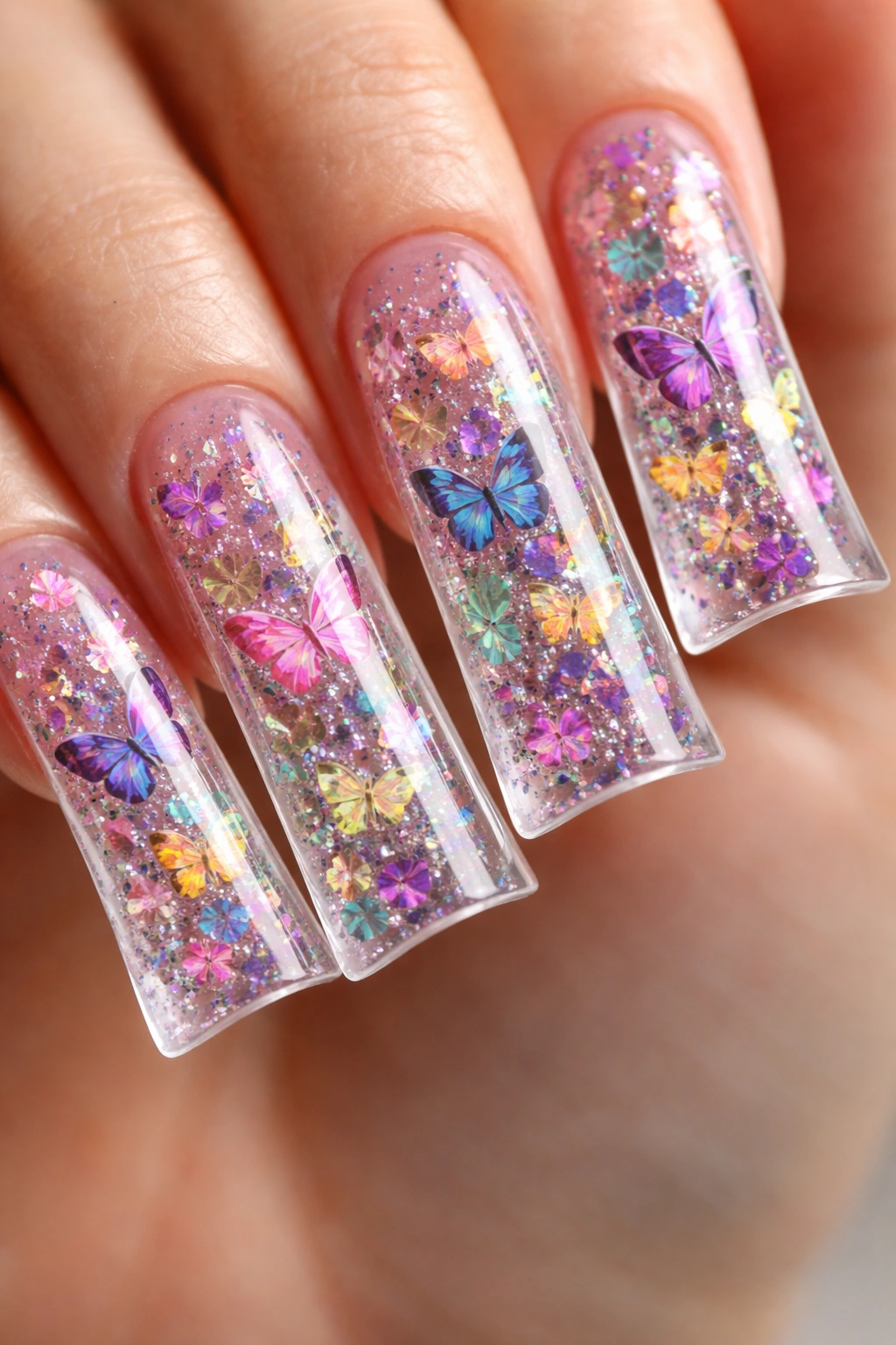 Nails with encapsulated butterfly flakes suspended in clear gel