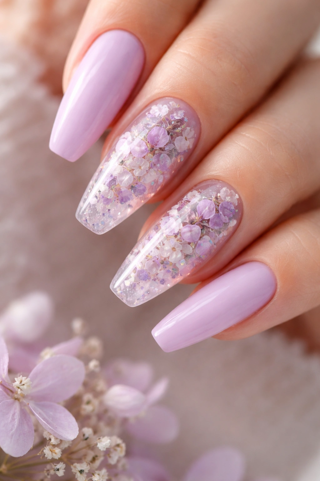 Lilac nails with clear gel encapsulated dried flowers