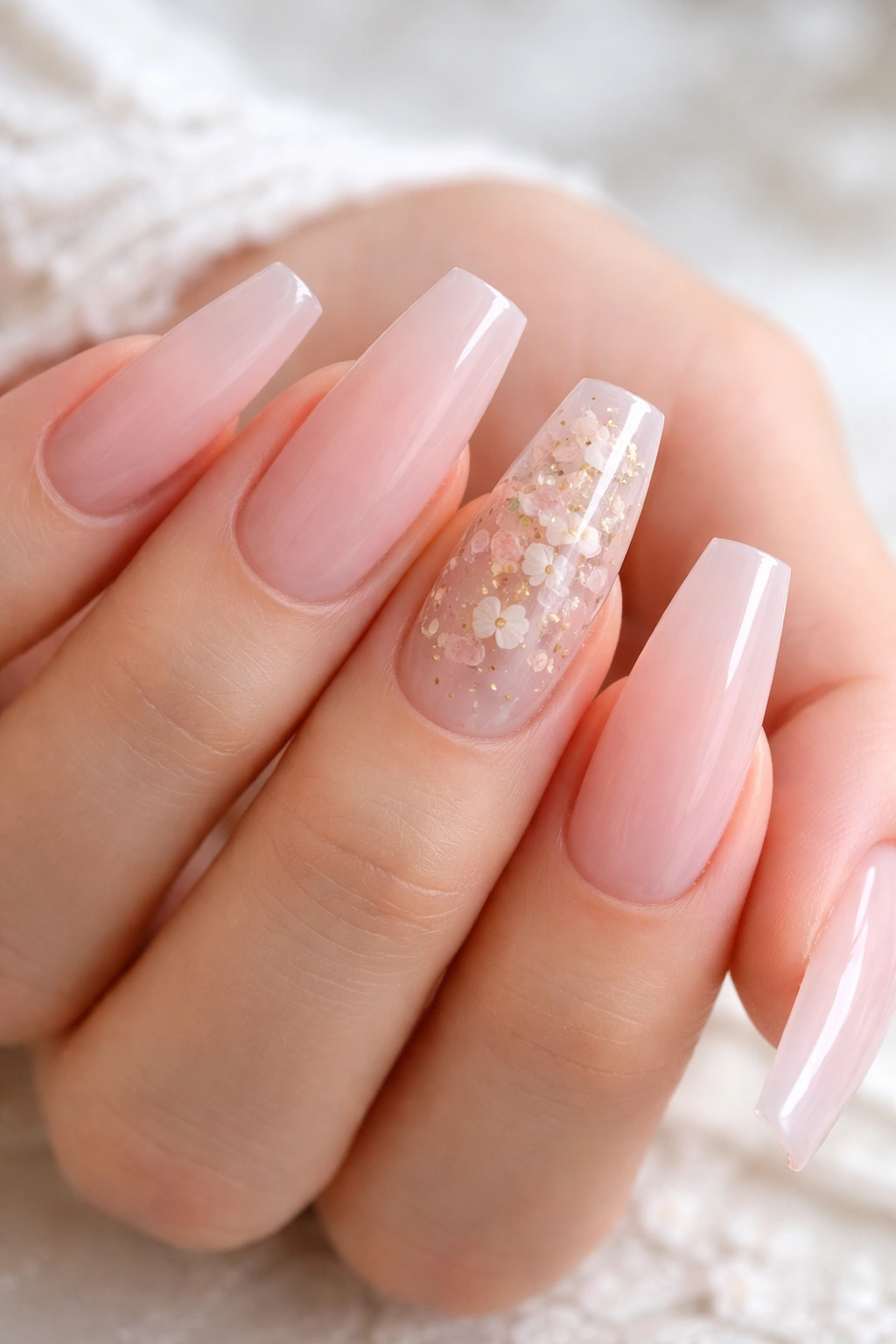 Ballerina nails with tiny encapsulated dried florals under clear gel