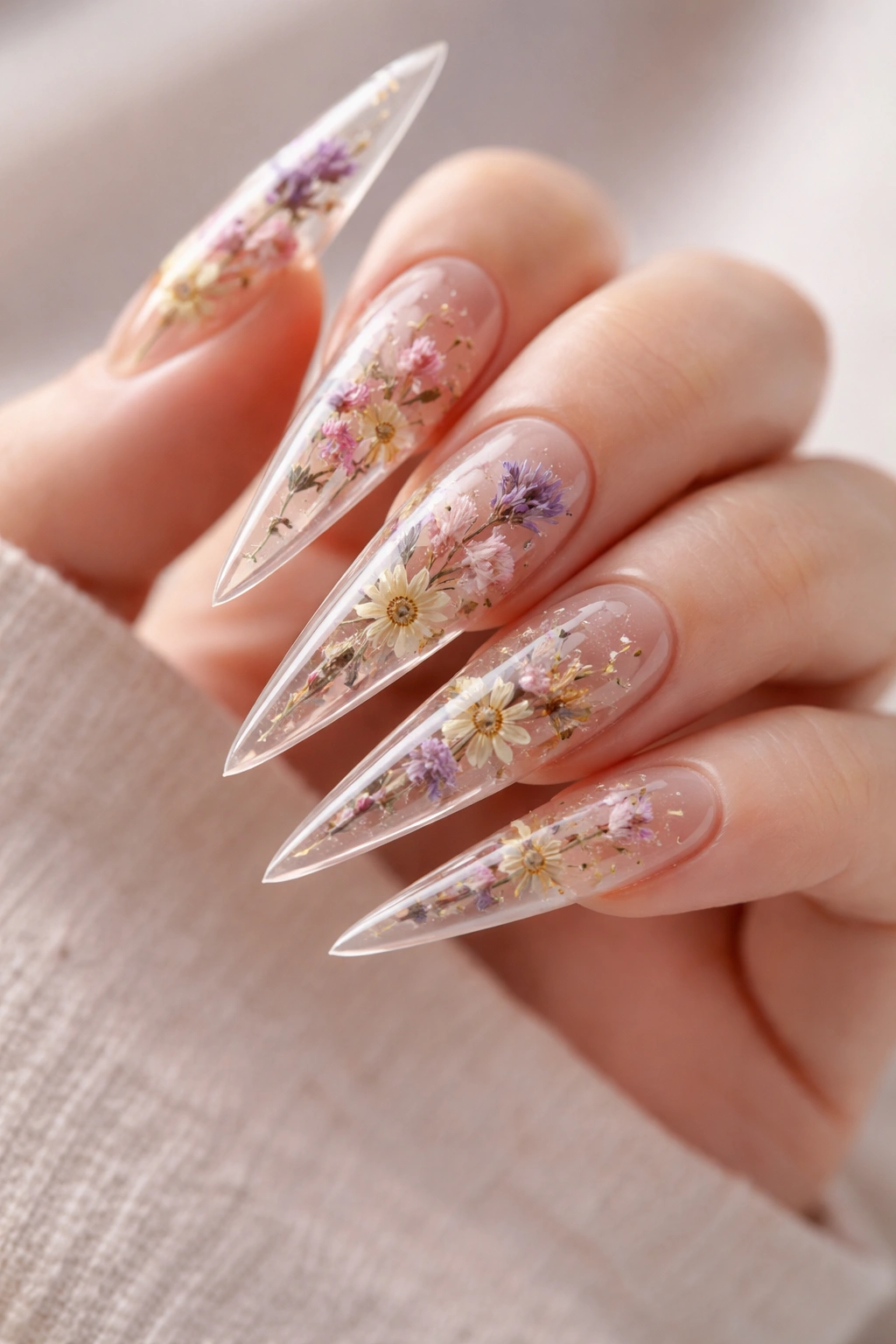 Close-up of stiletto nails with dried flowers encapsulated under clear gel