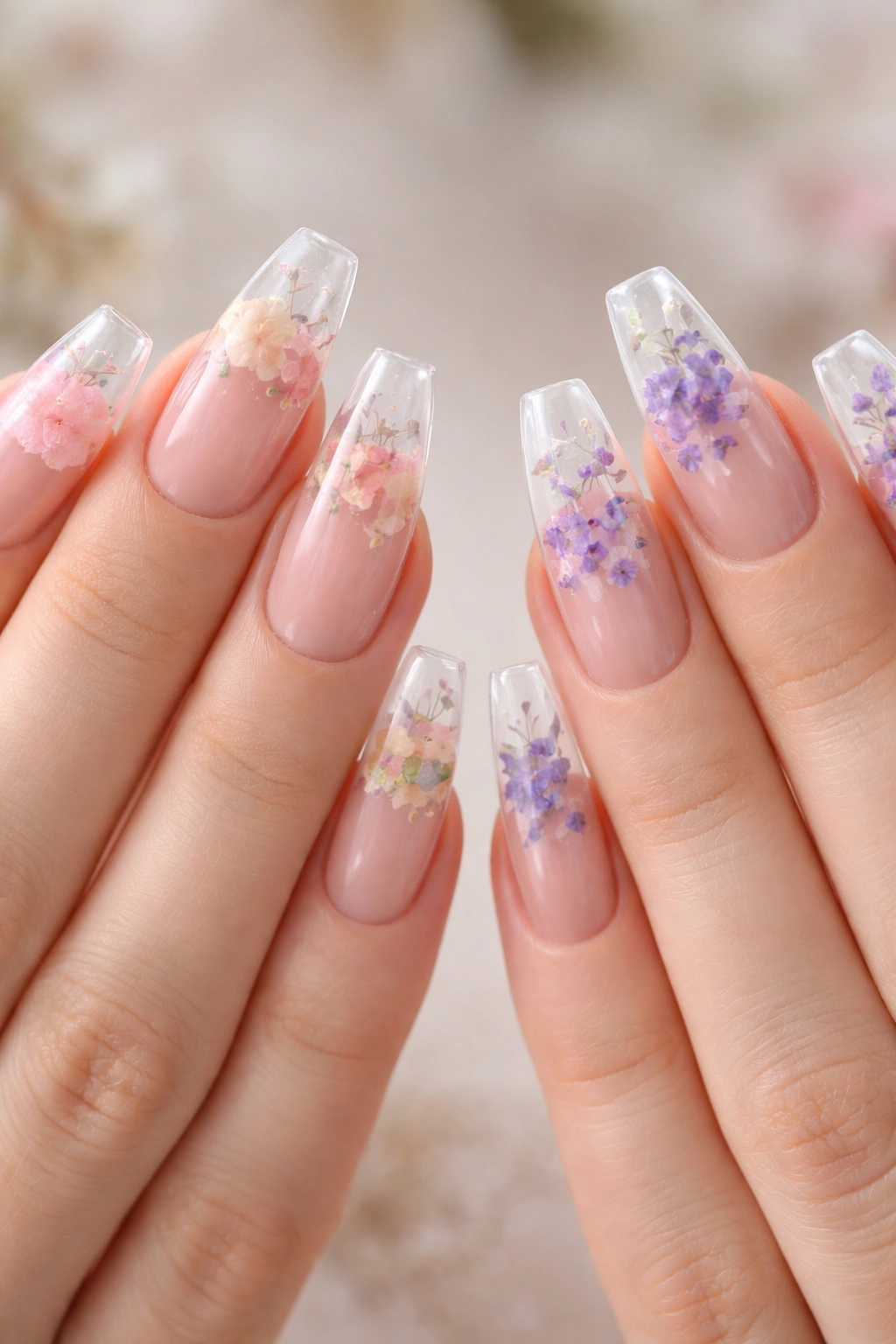 Coffin nails with encapsulated flowers at the French tips on both hands