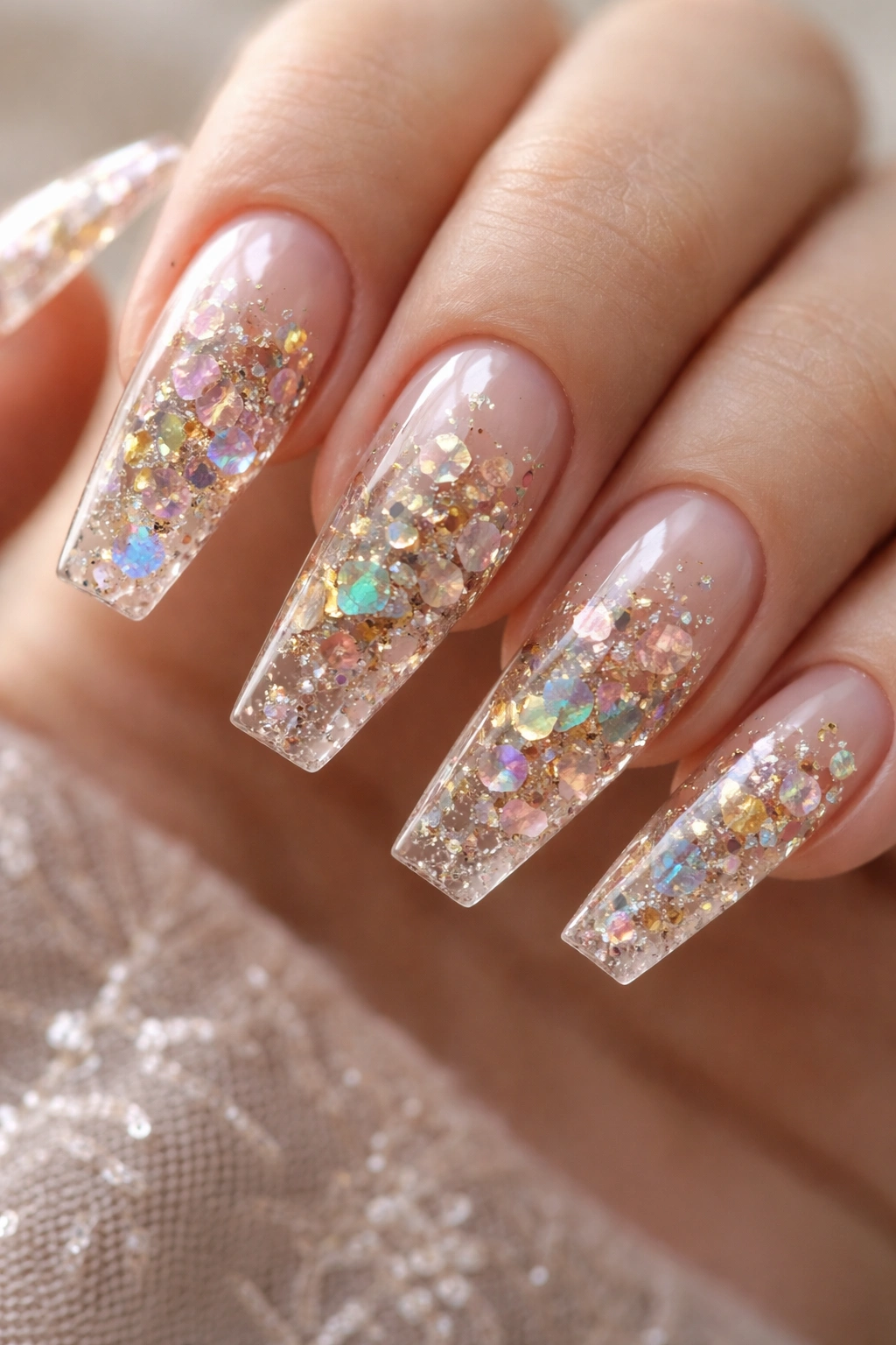 Reverse duck nails with encapsulated foil and glitter creating depth along the nail