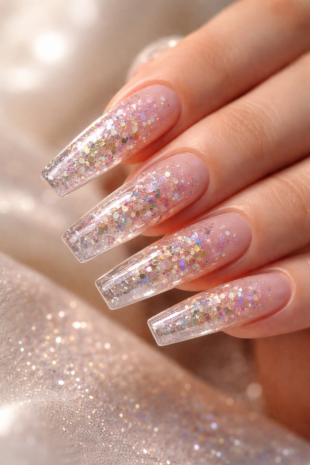 Nude coffin nails with encapsulated glitter and confetti inside gel