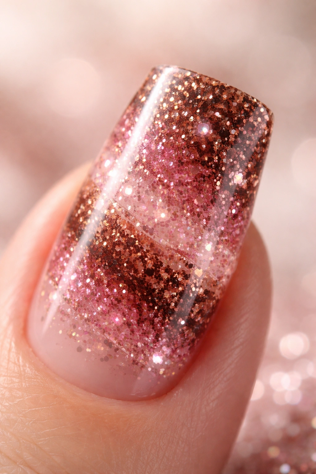 Close-up of a duck nail with encapsulated brown and pink glitter inside clear gel showing depth