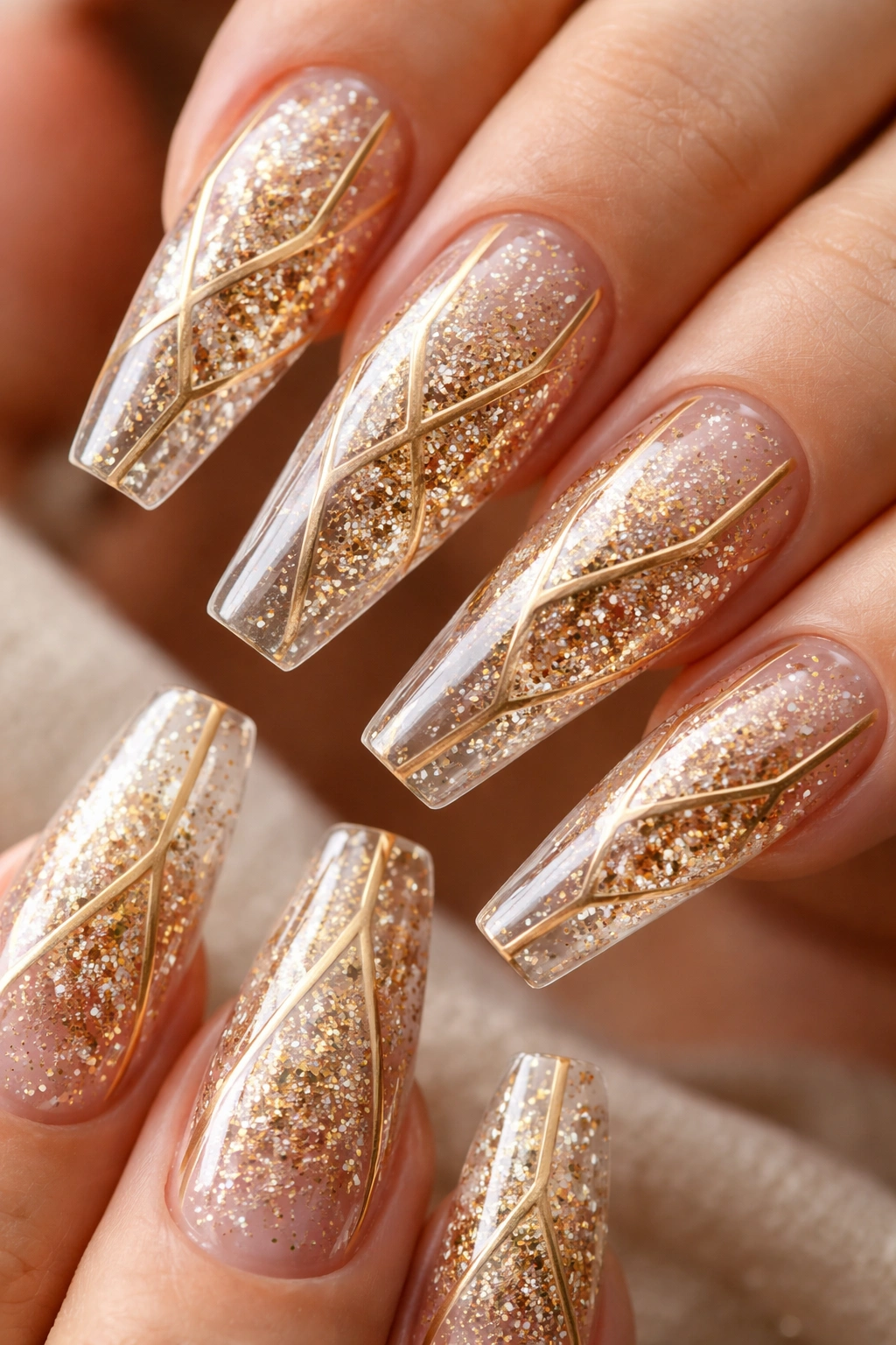 Coffin nails with encapsulated glitter forming structured geometric patterns.