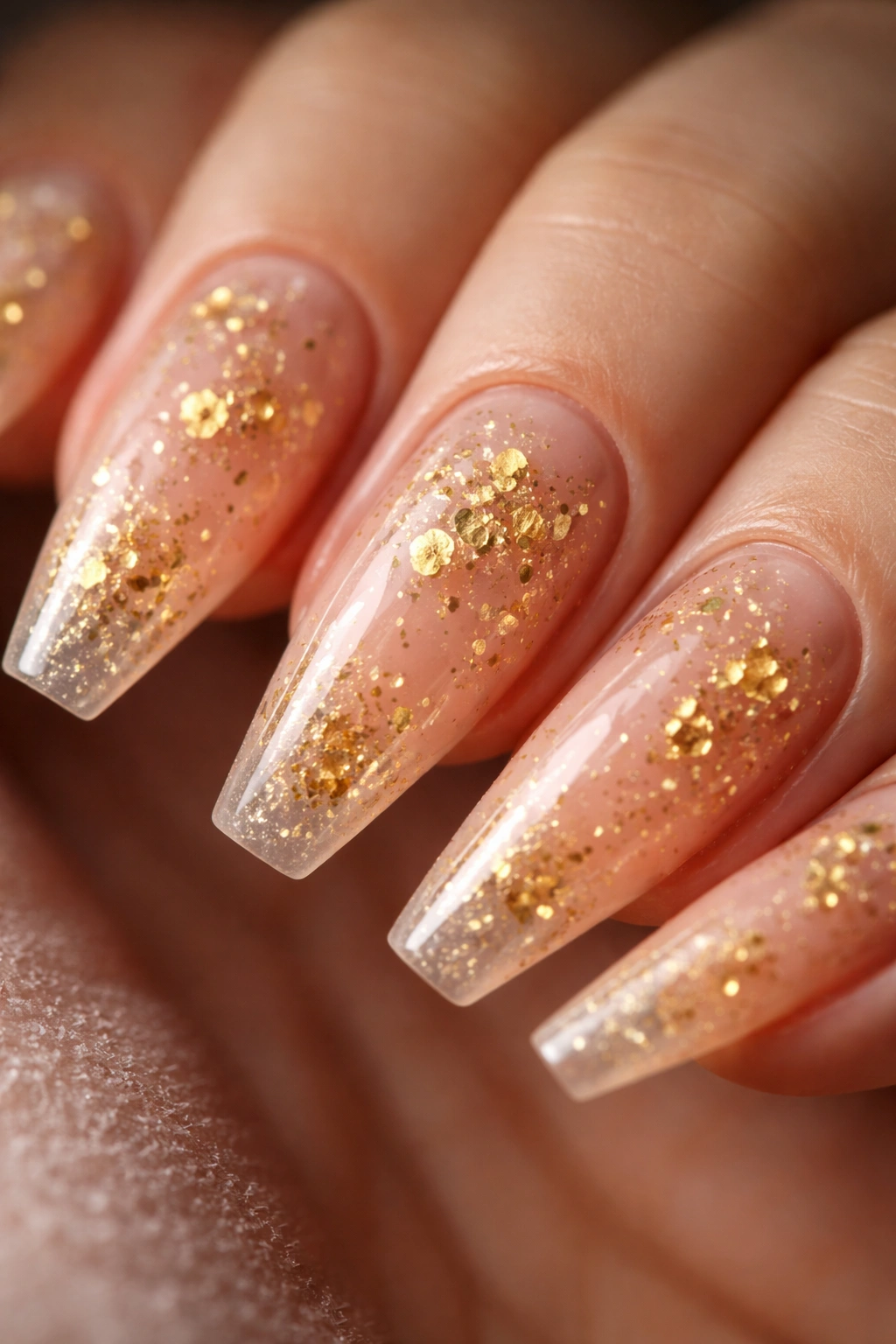 Close-up of nude builder gel nails with encapsulated gold flakes under clear gel
