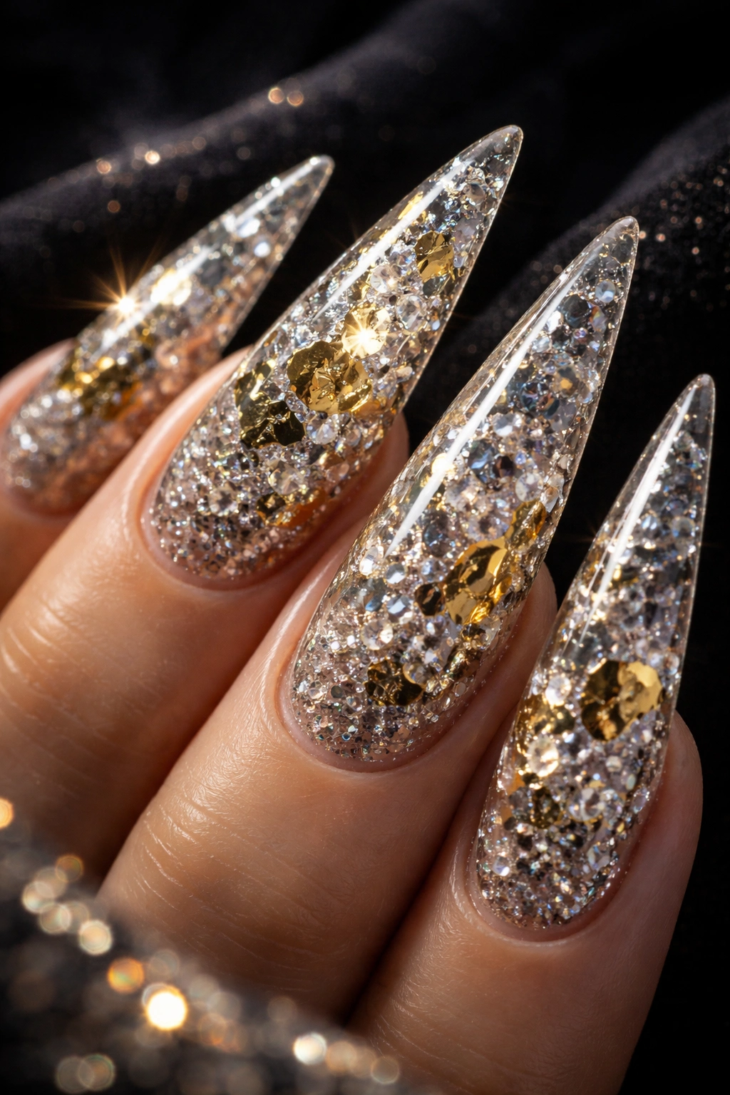 Close-up of stiletto nails with diamonds and foil encapsulated in clear gel