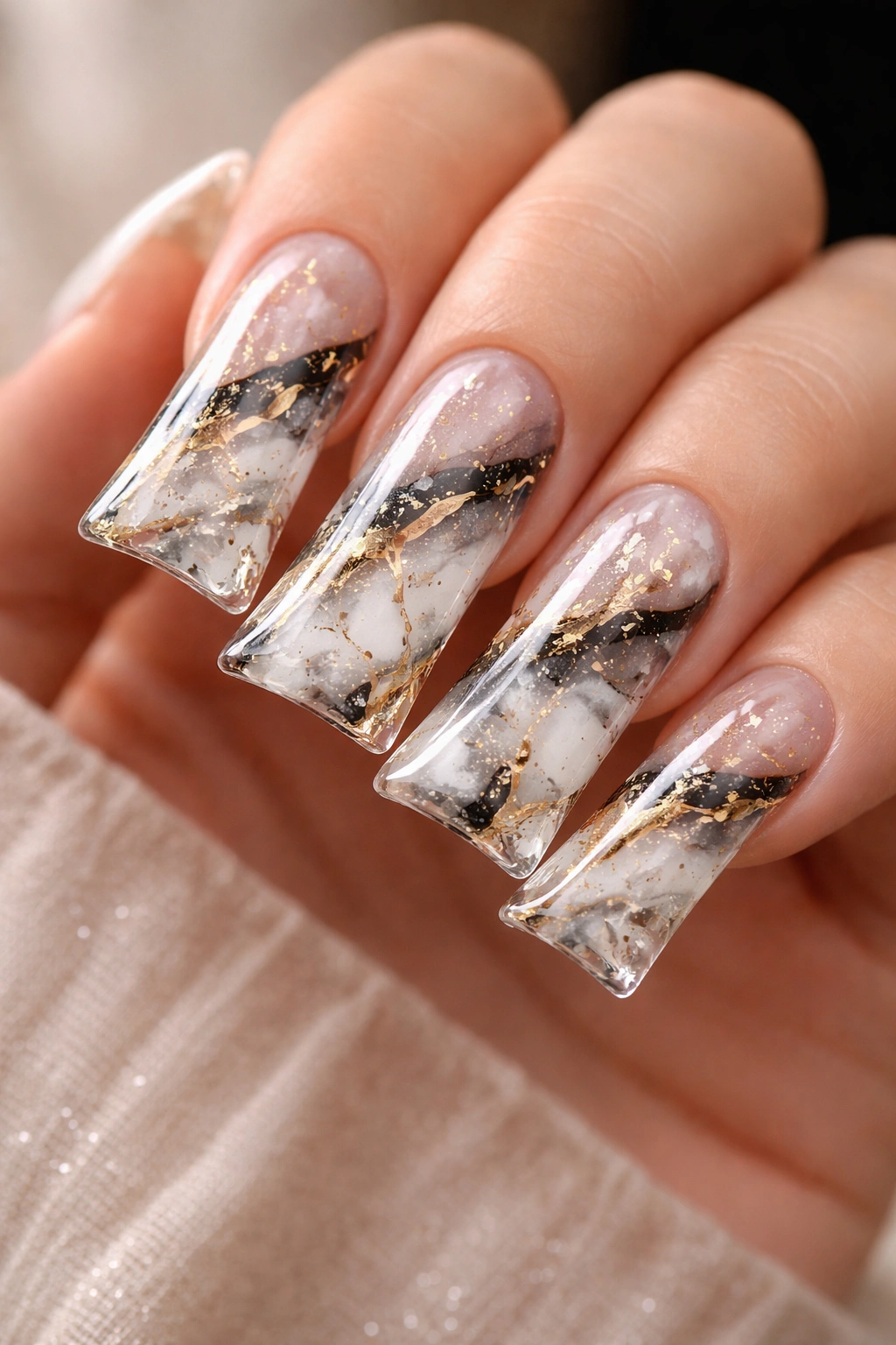 Close-up of encapsulated marble duck nails showing depth with veining inside clear gel