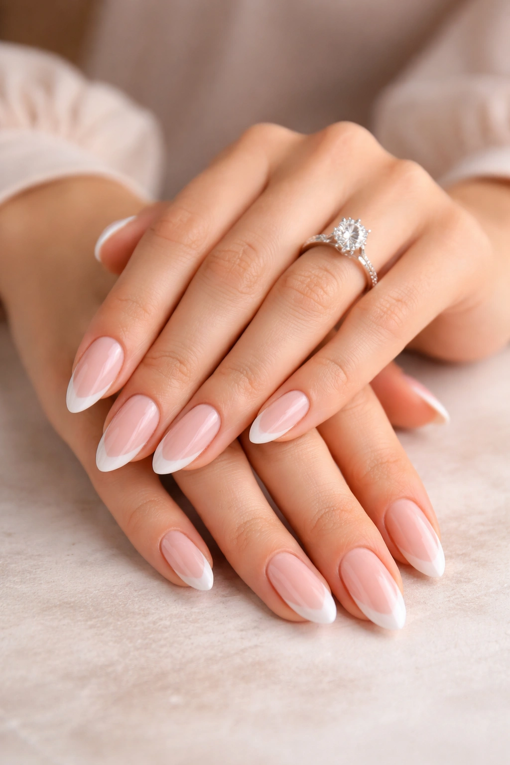 Close-up of well-manicured engagement nails with soft lighting