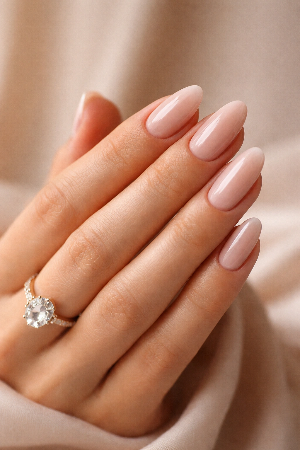 Close-up of a hand with nude-pink manicure in a minimalist studio setting