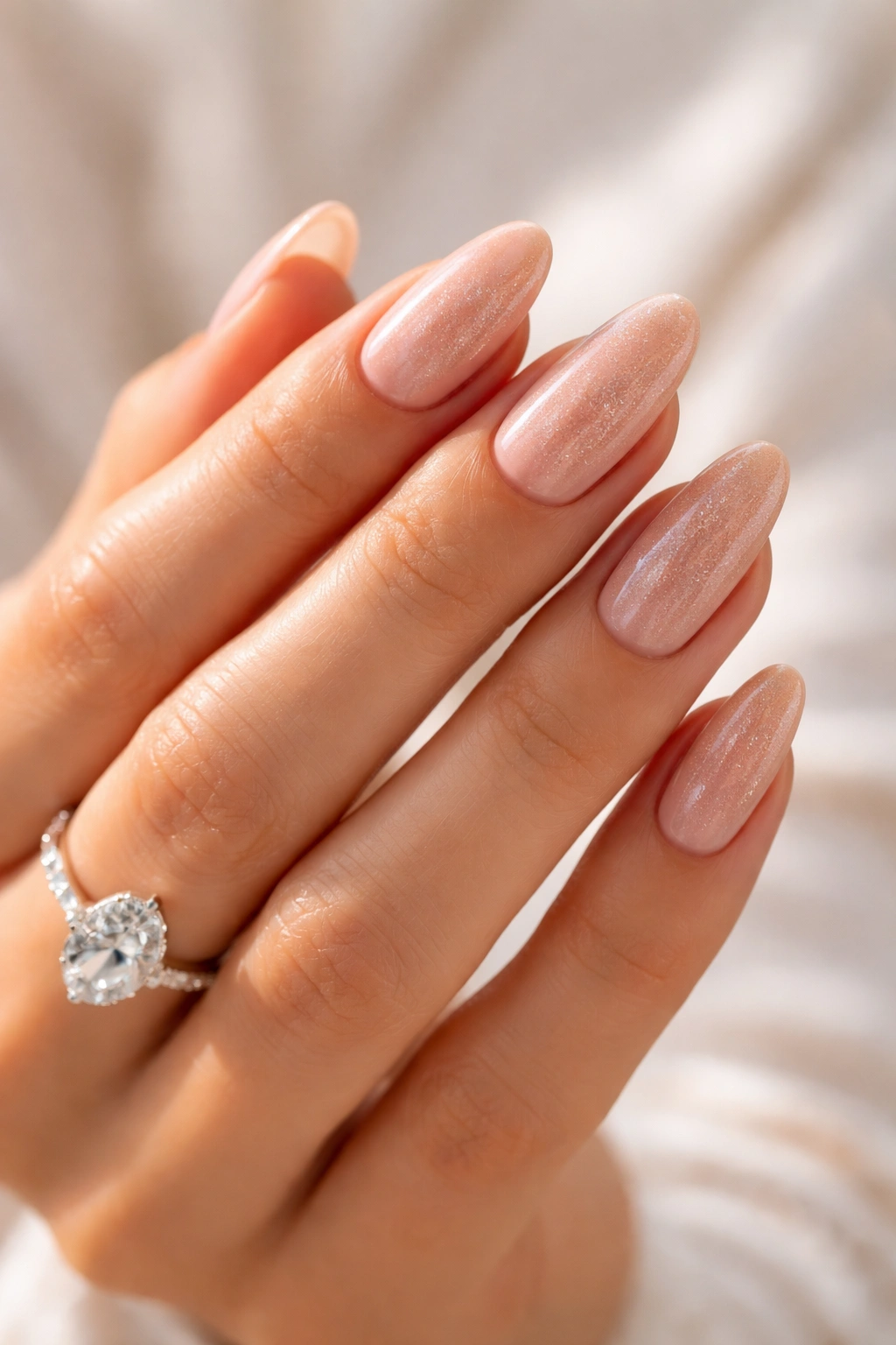 Hand with chic warm nude engagement nail look