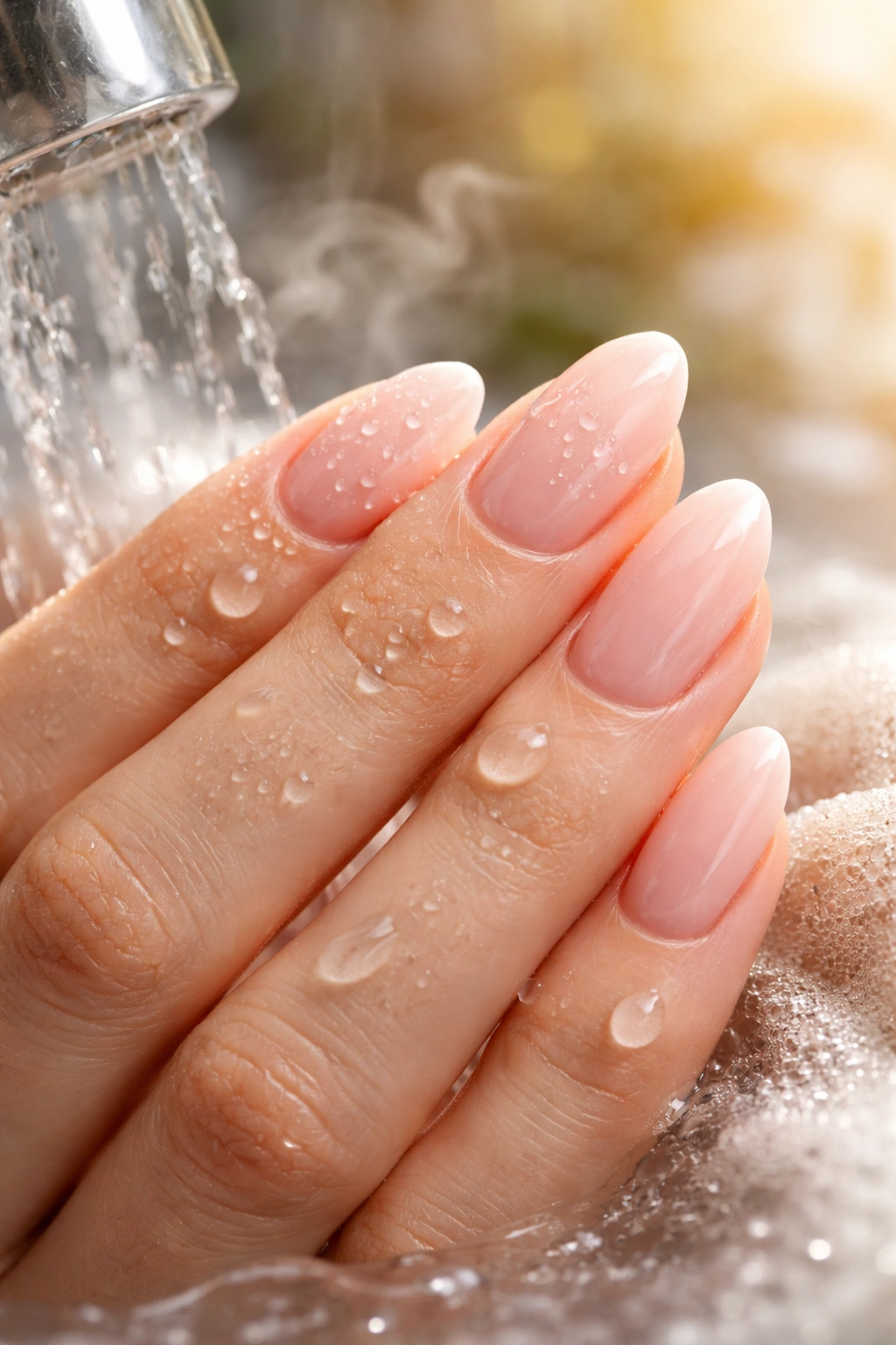 Close-up of nails with water droplets showing environmental impact on gel wear
