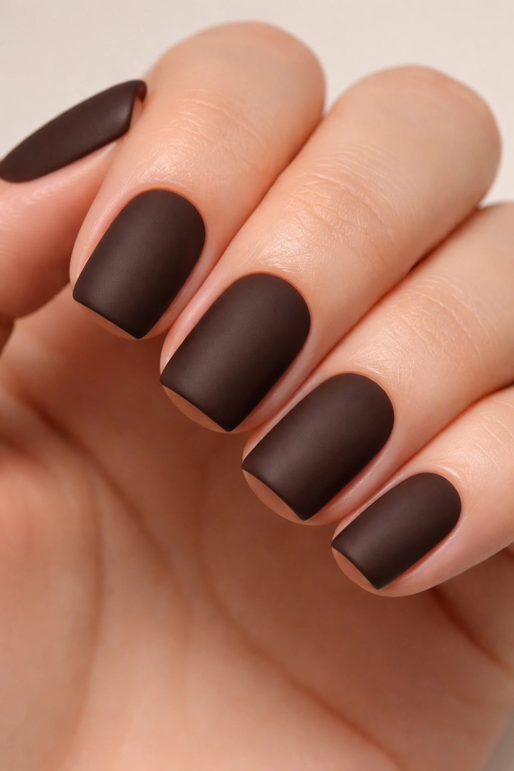 Close-up of matte espresso brown short squoval nails
